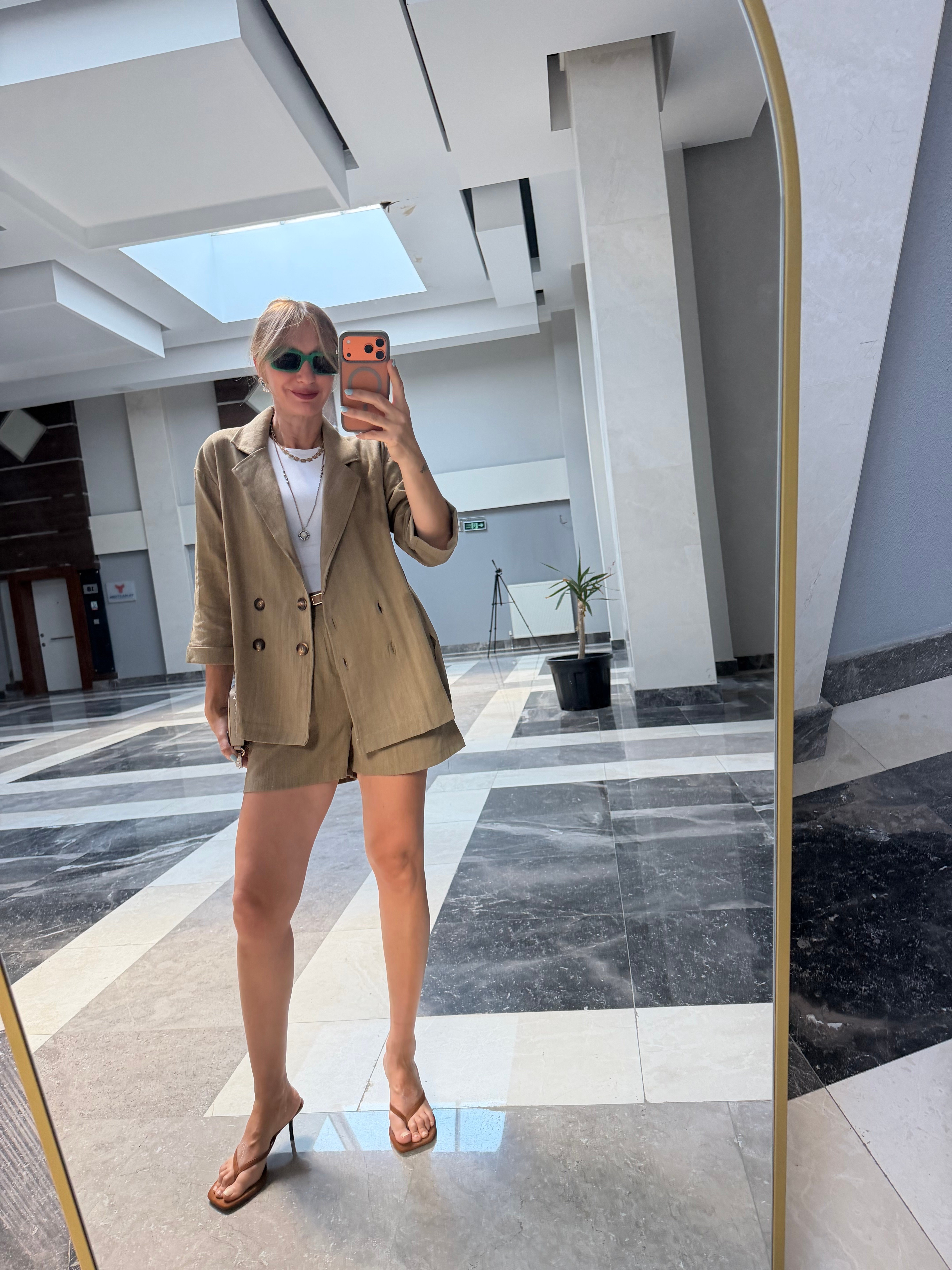 Keten Blazer Şort Çağla Takım