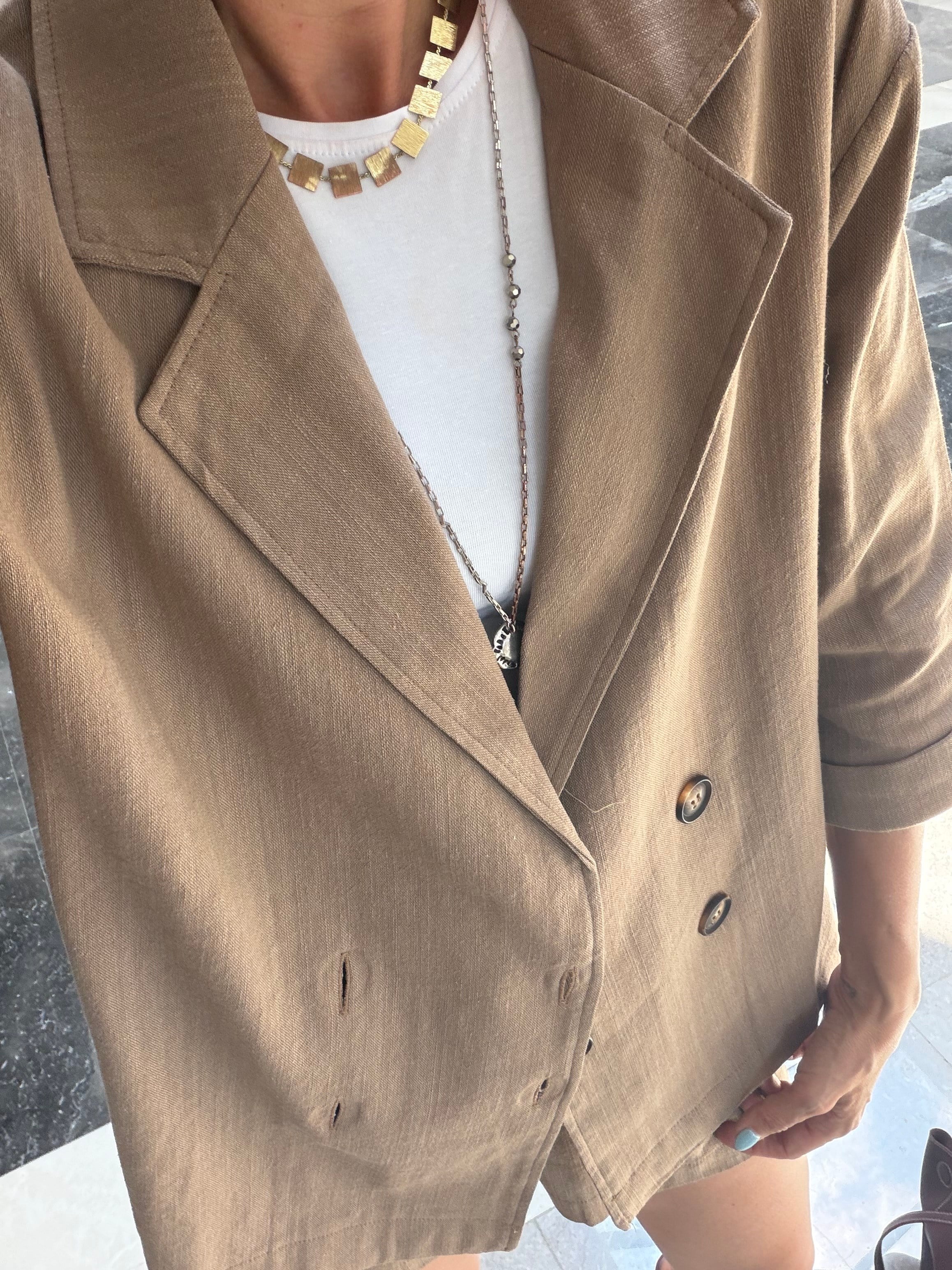 Keten Blazer Şort Kahve KremTakım