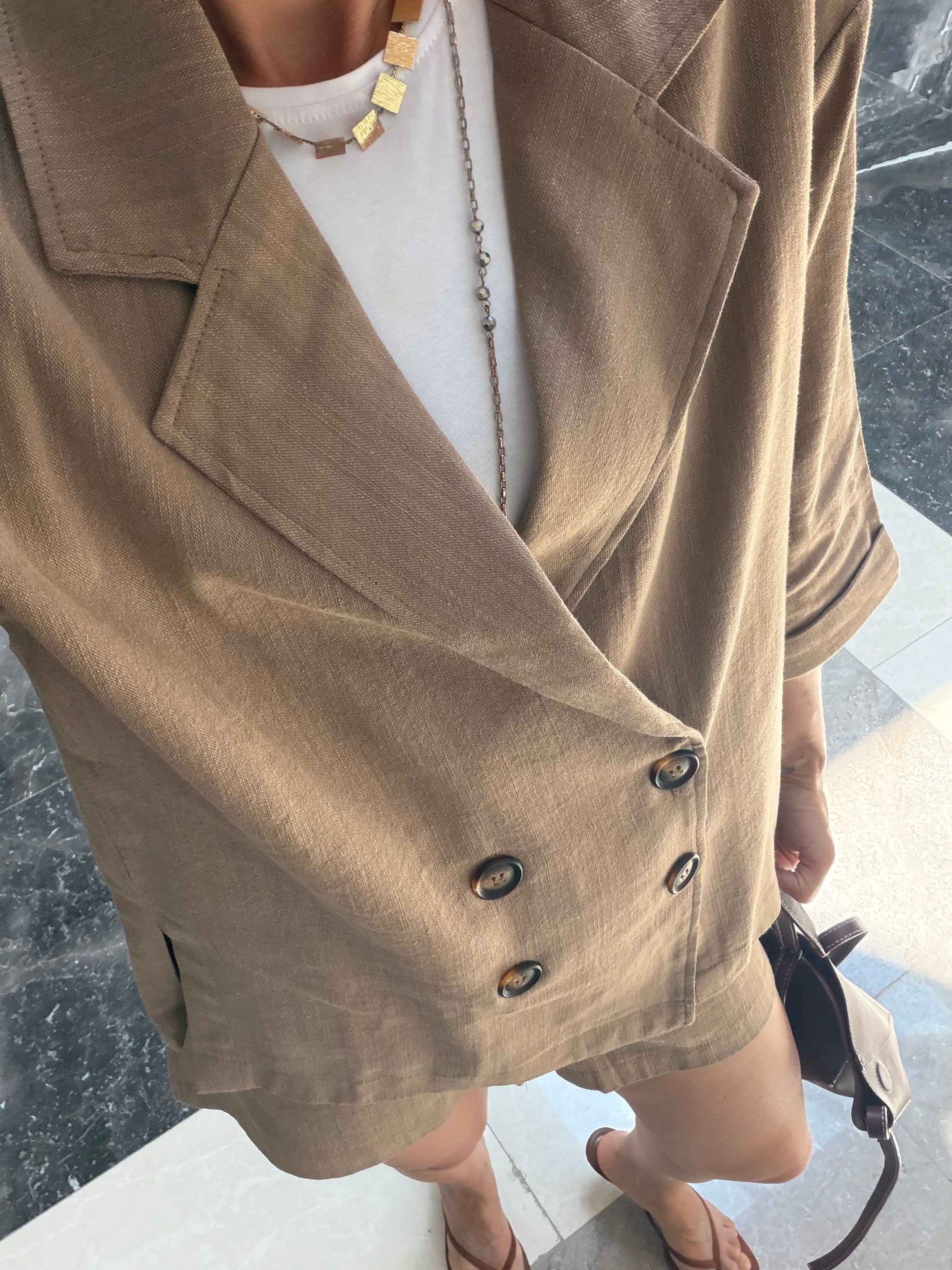 Keten Blazer Şort Kahve KremTakım