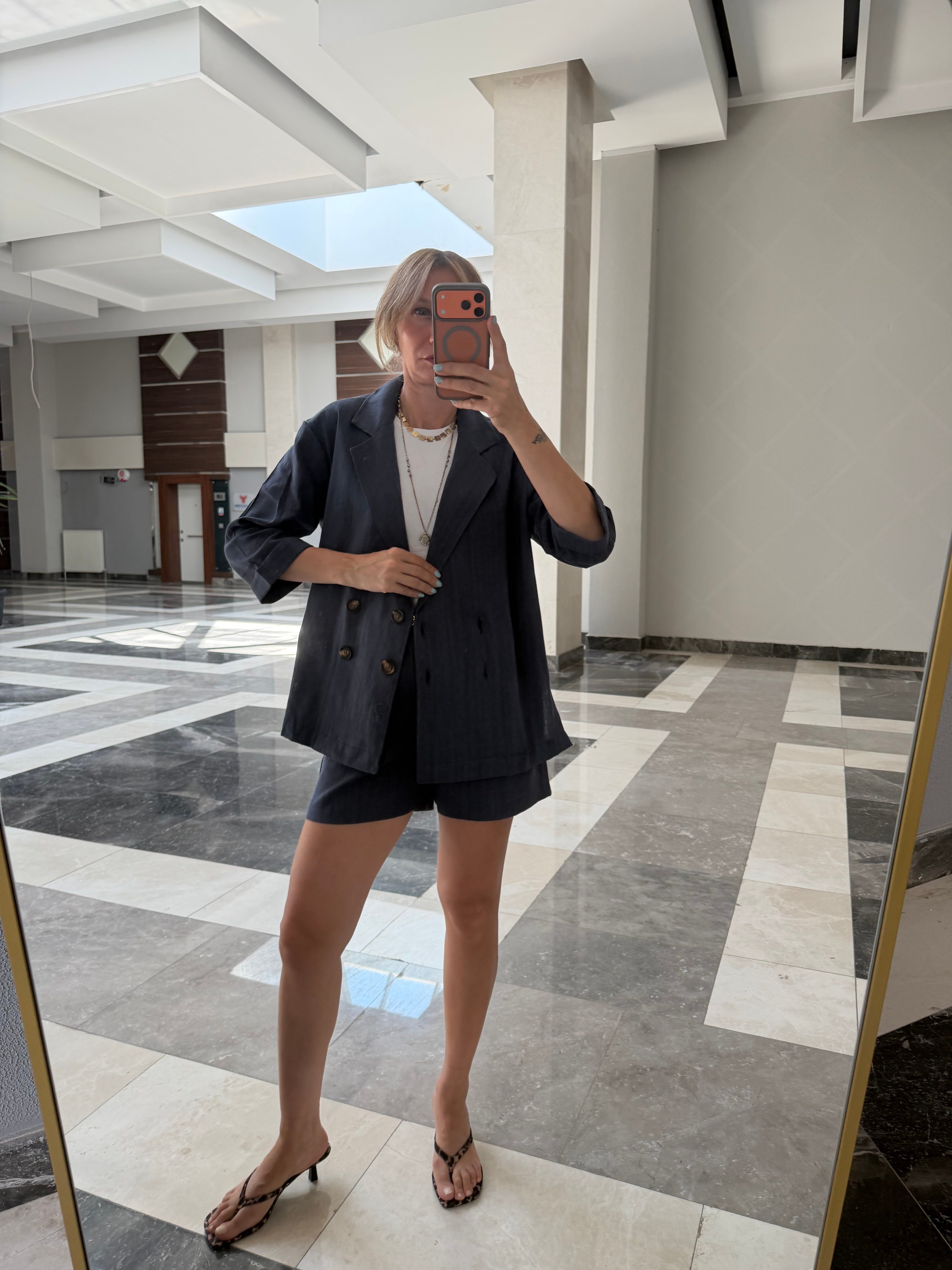 Keten Blazer Şort Lacivert Takım
