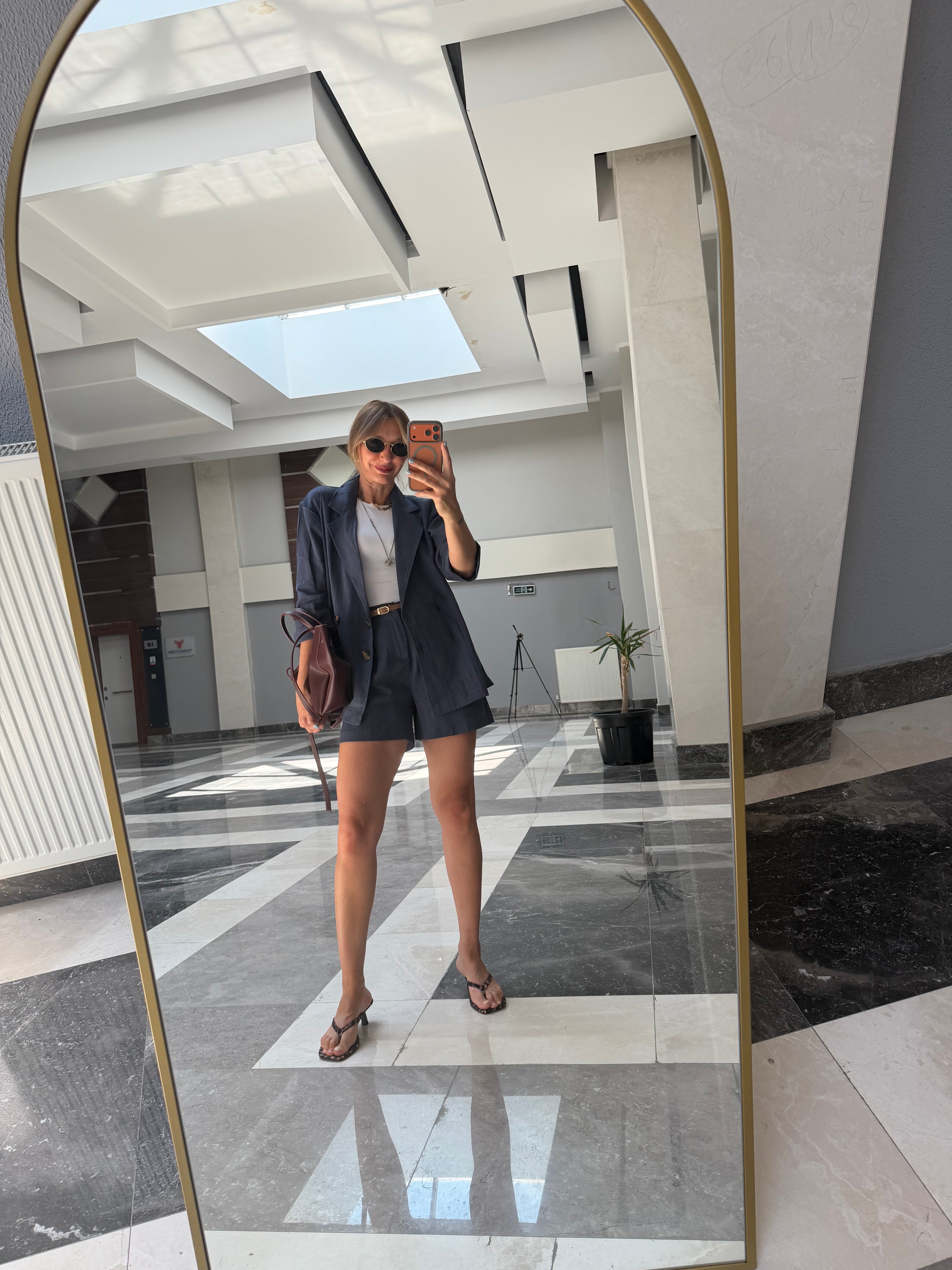 Keten Blazer Şort Lacivert Takım