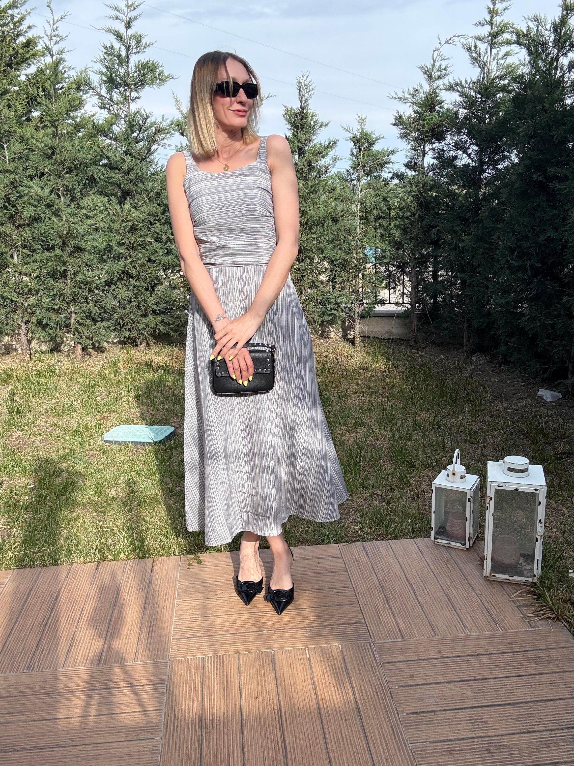 Keten Çizgili Elbise