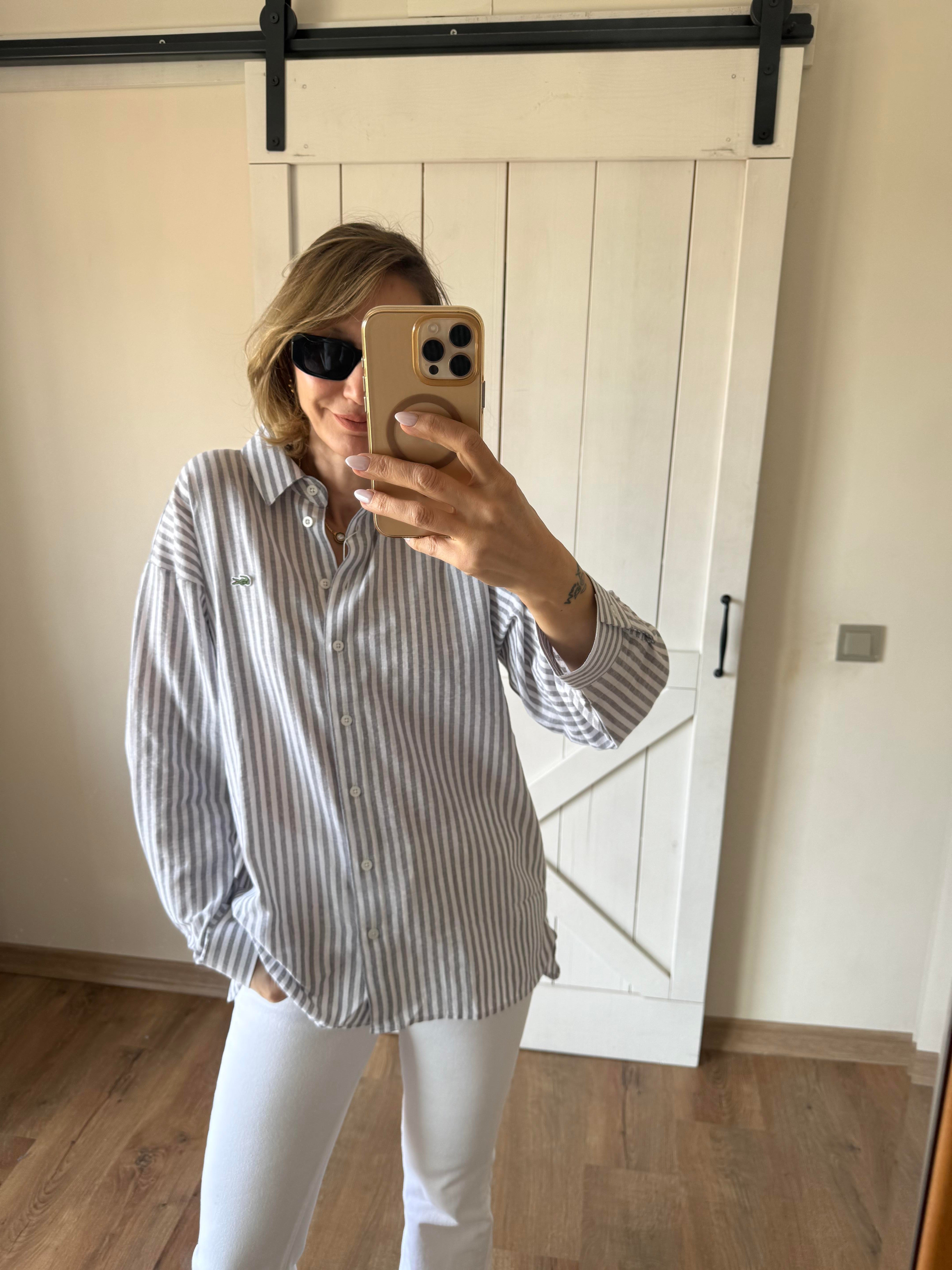 Keten Gri Çizgili Gömlek