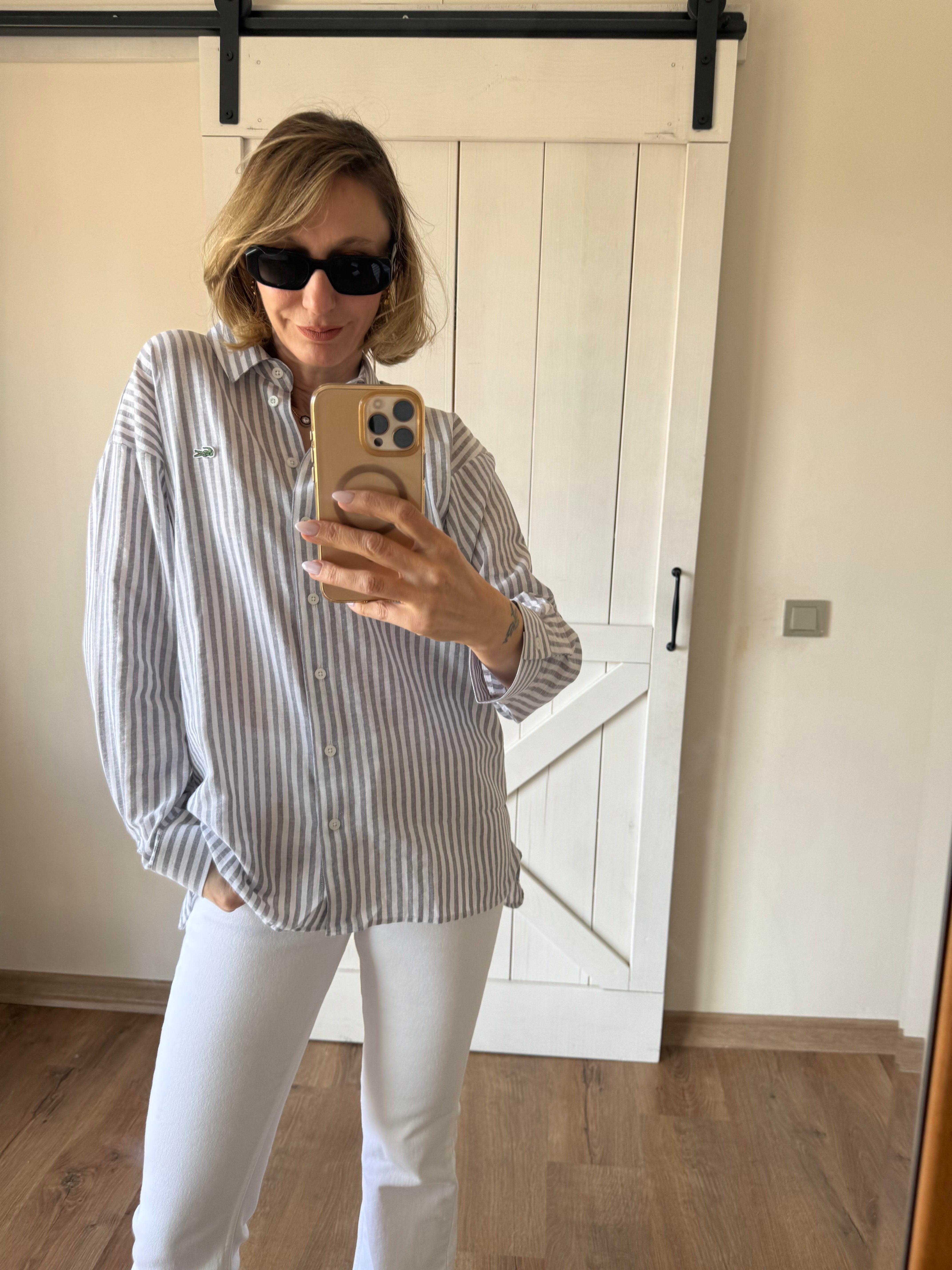 Keten Gri Çizgili Gömlek