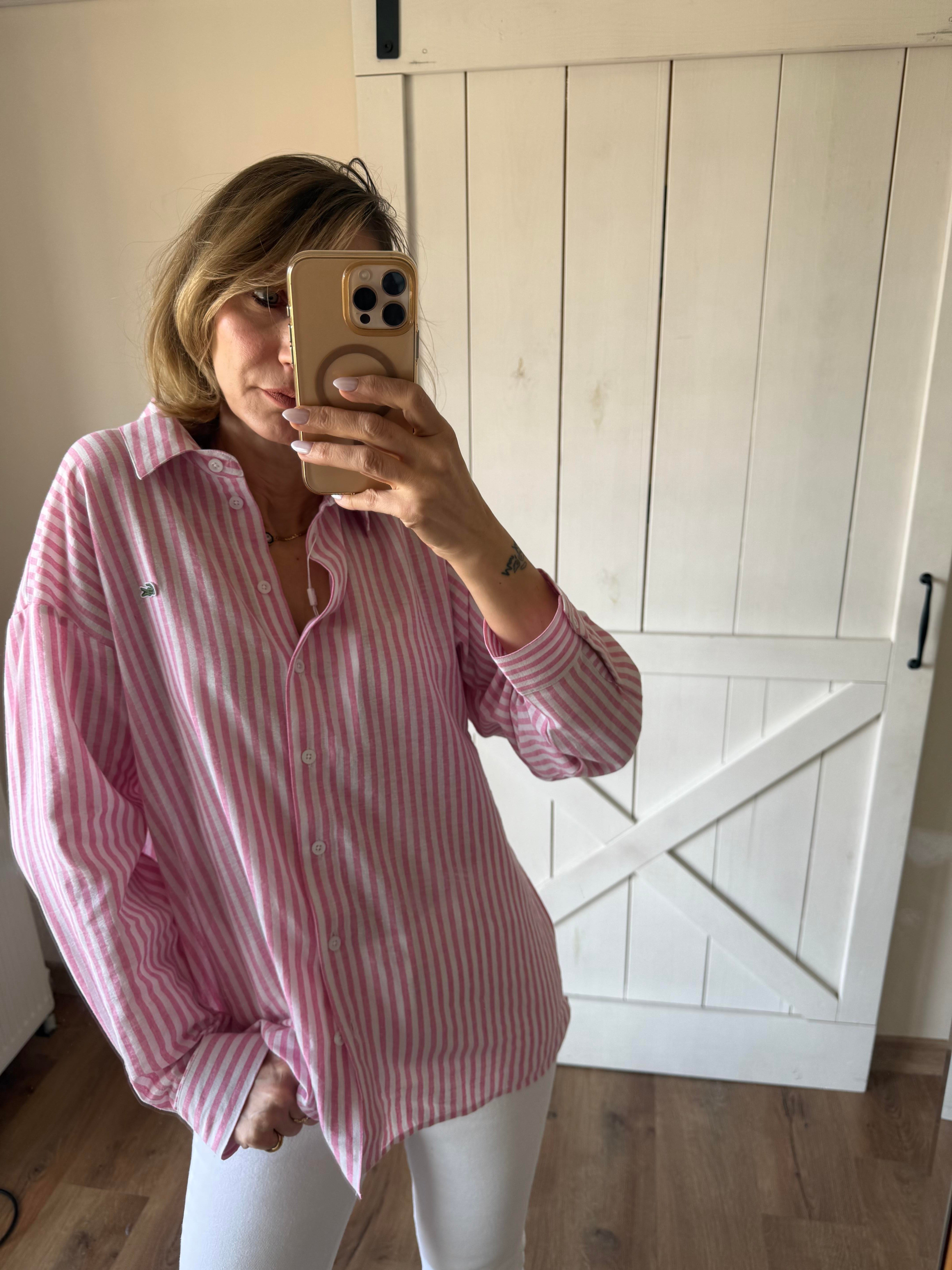 Keten Pembe Çizgili Gömlek