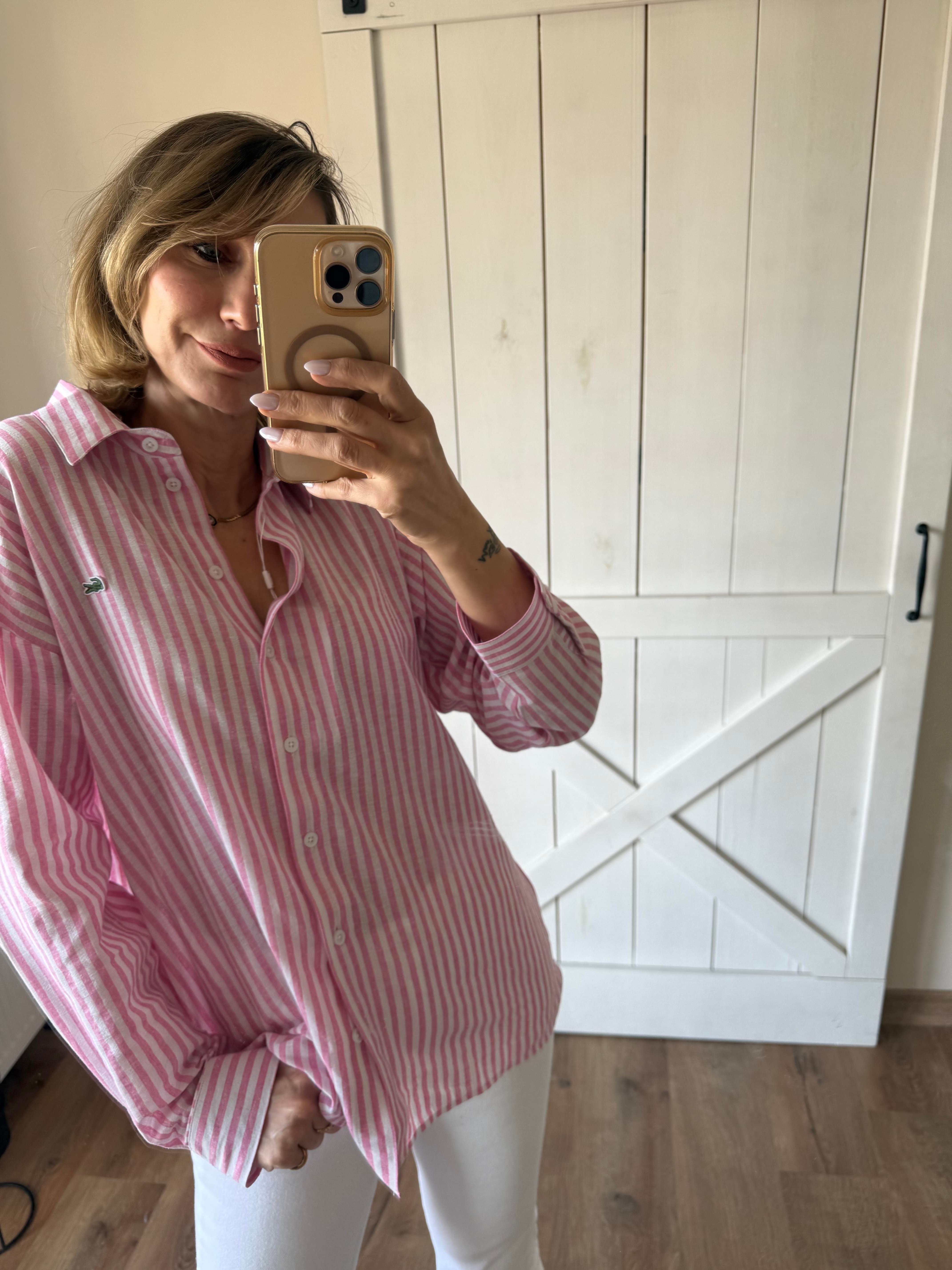 Keten Pembe Çizgili Gömlek