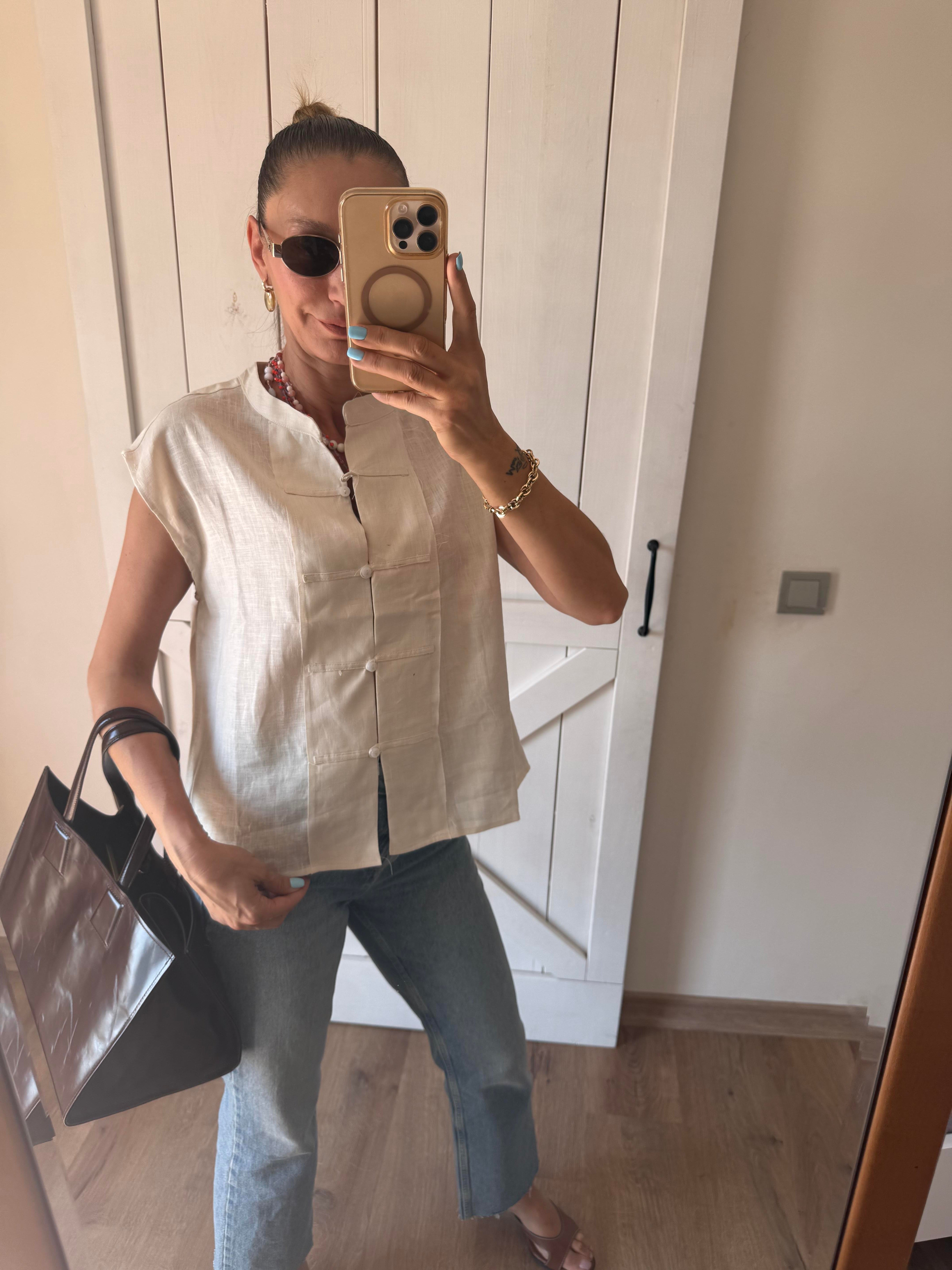 Keten Pre Ekru Yelek Mas