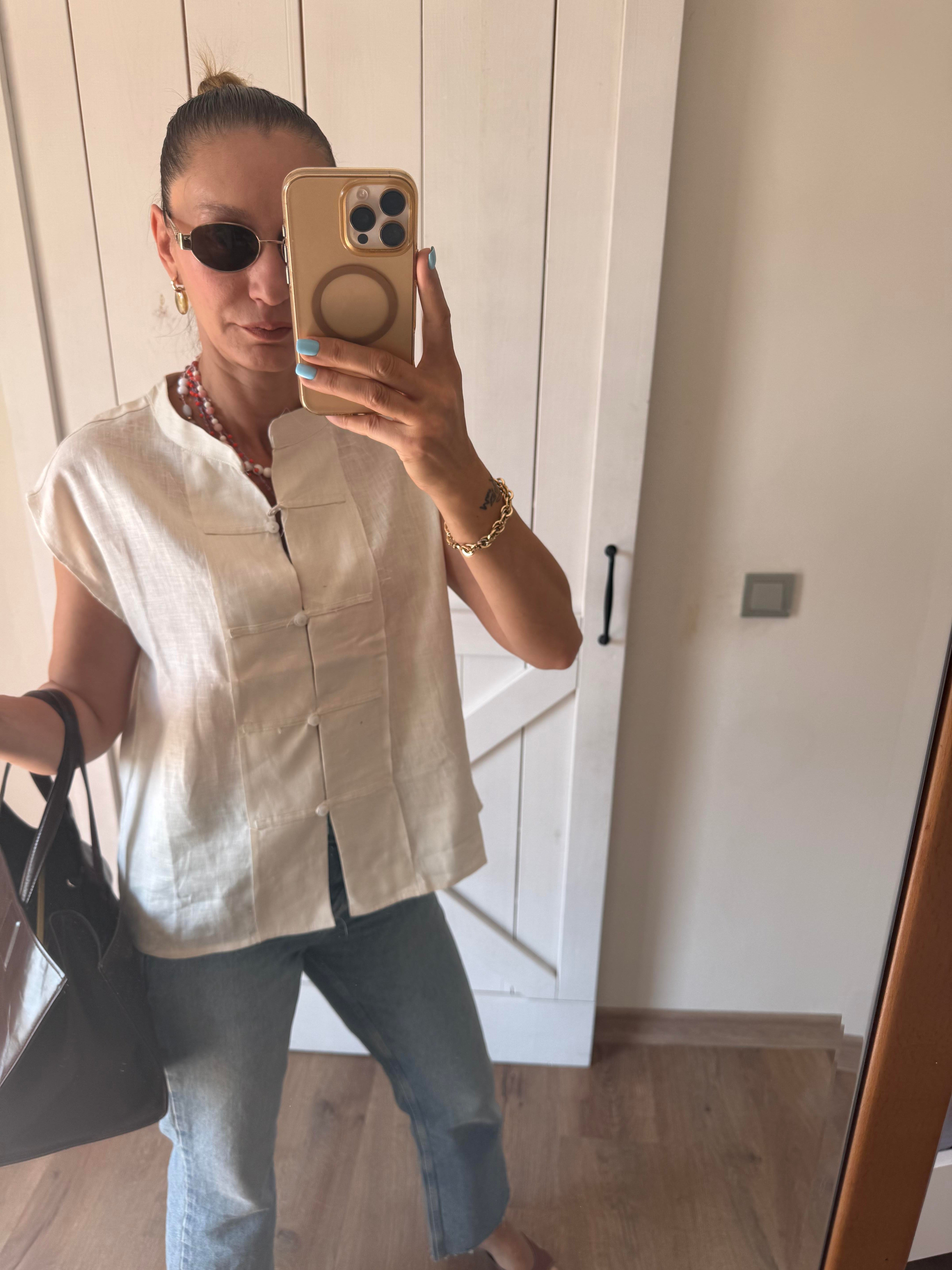 Keten Pre Ekru Yelek Mas