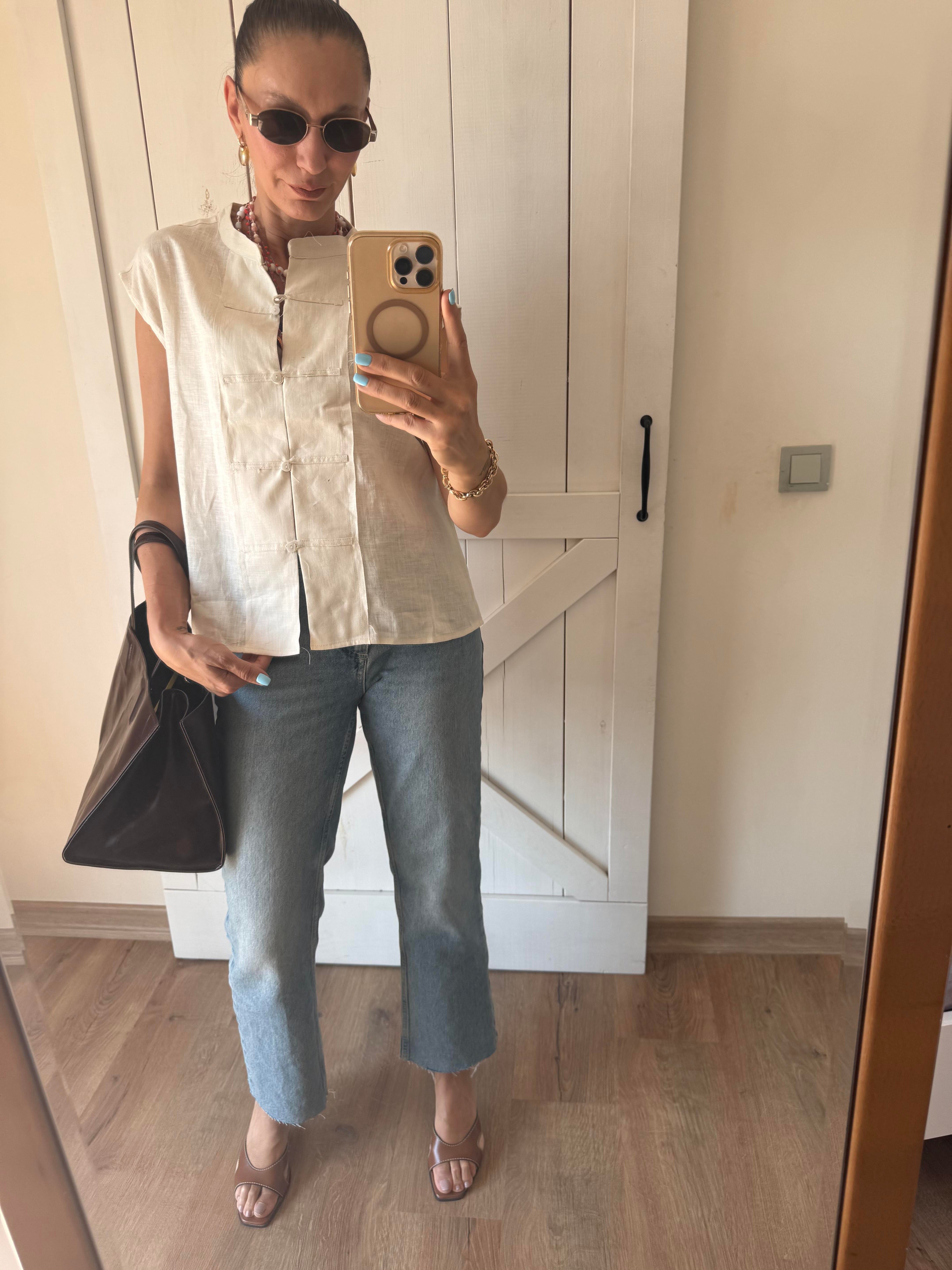 Keten Pre Ekru Yelek Mas