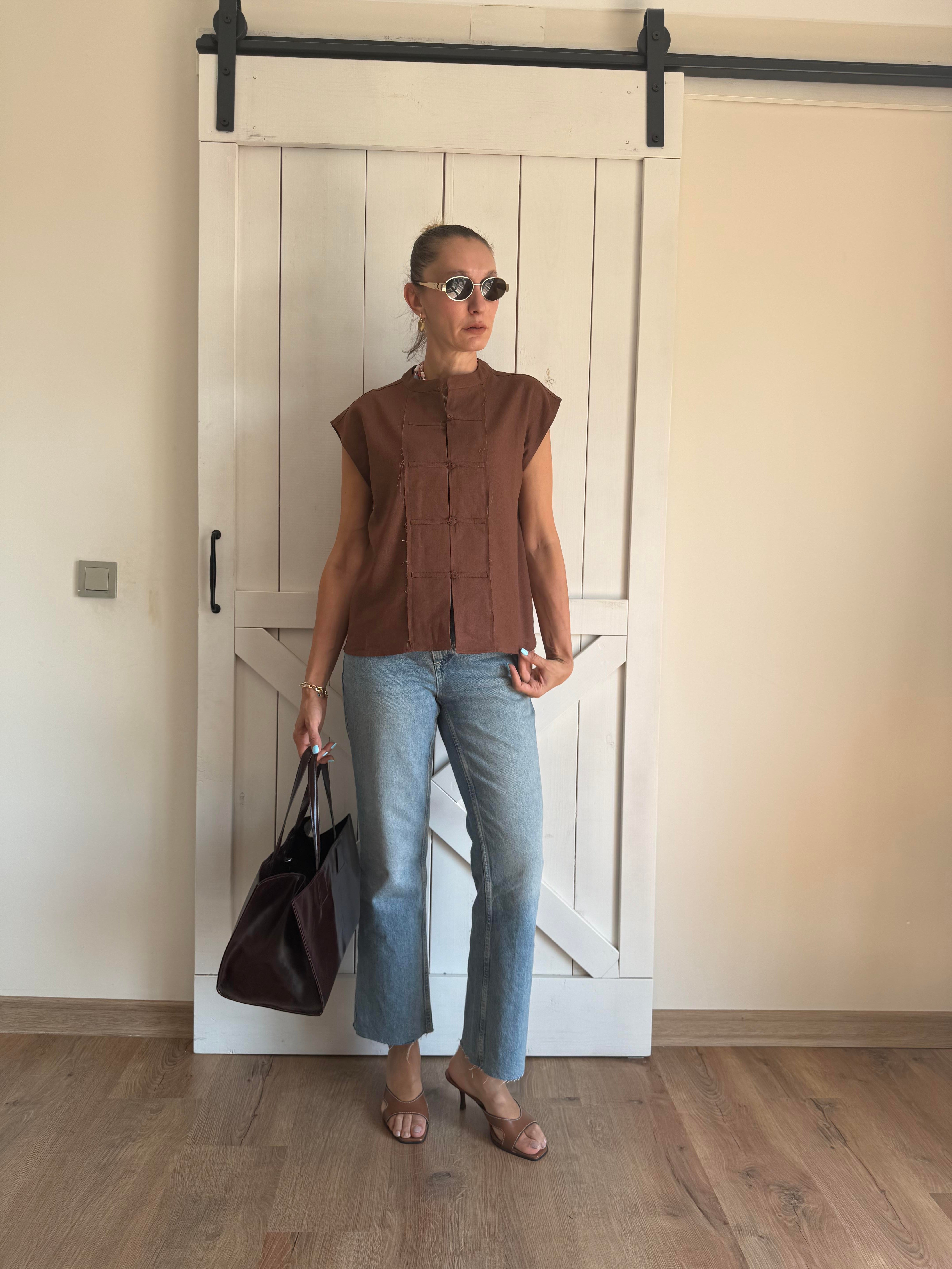 Keten Pre Kahve Yelek Mas