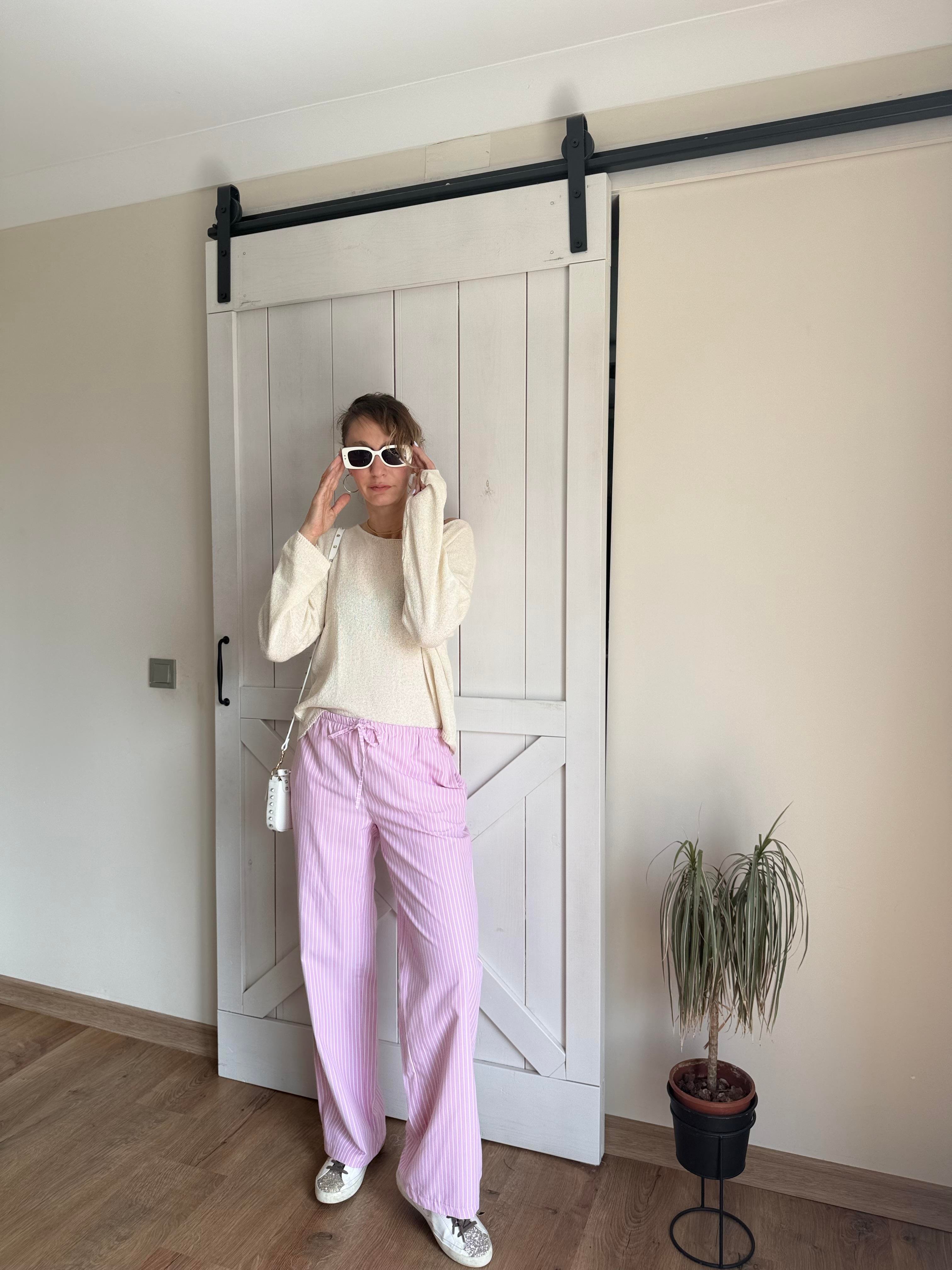 Kiraz Çiçeği Beli Lastikli Çizgili Pantolon