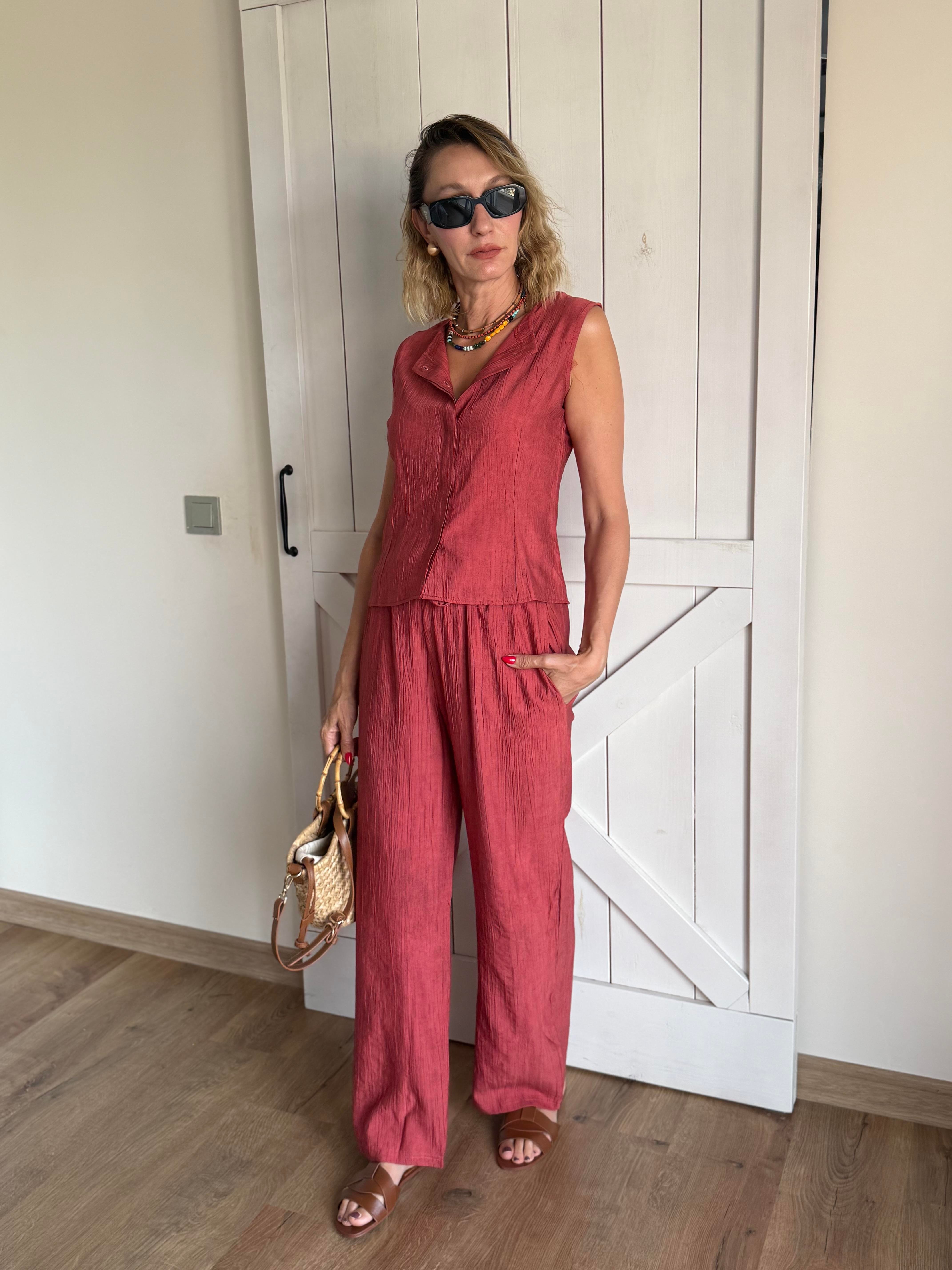 Kiremit Patlı Yelek Pantolon Takım