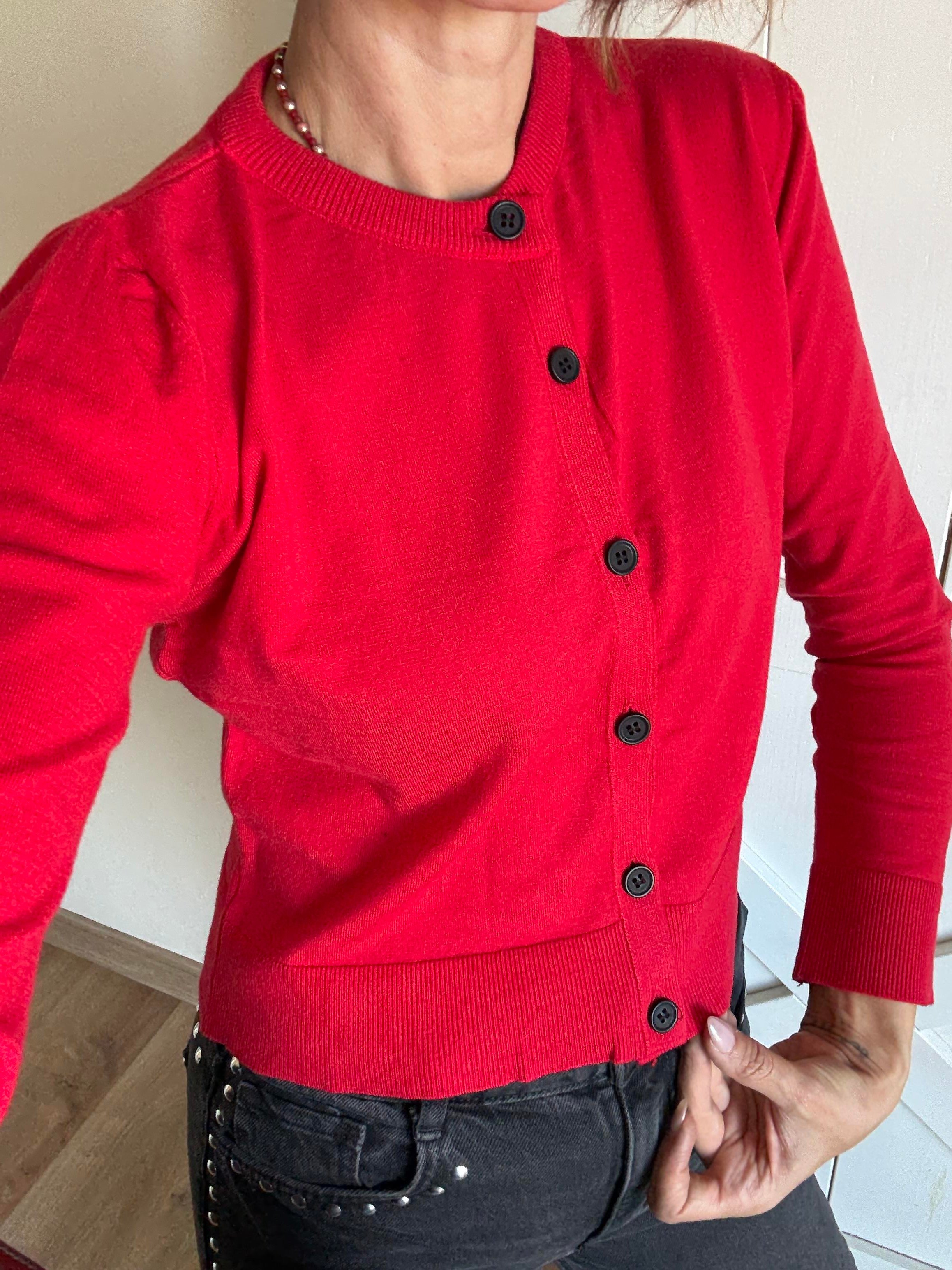 Kırmızı Siyah Düğmeli Hırka