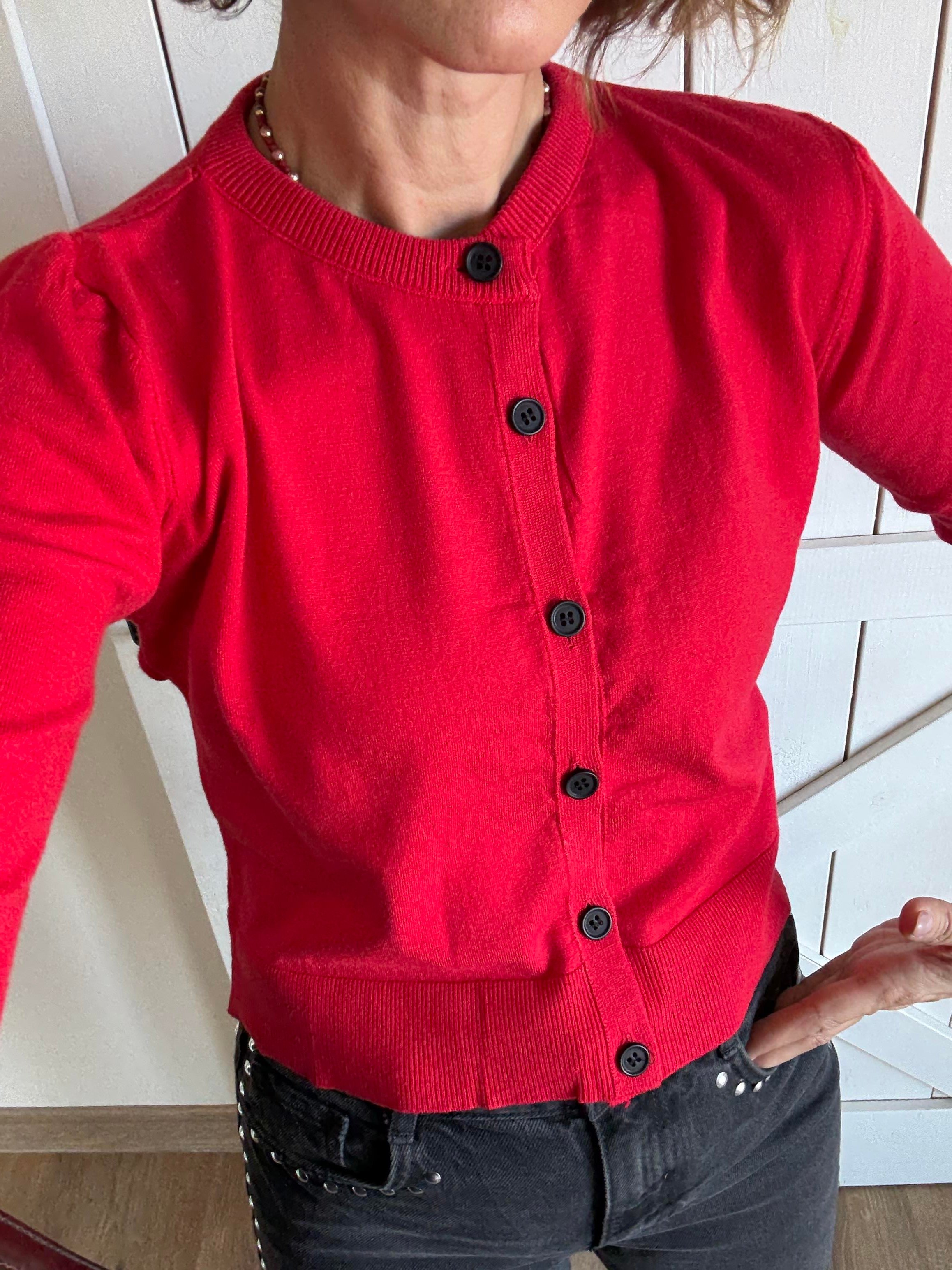 Kırmızı Siyah Düğmeli Hırka