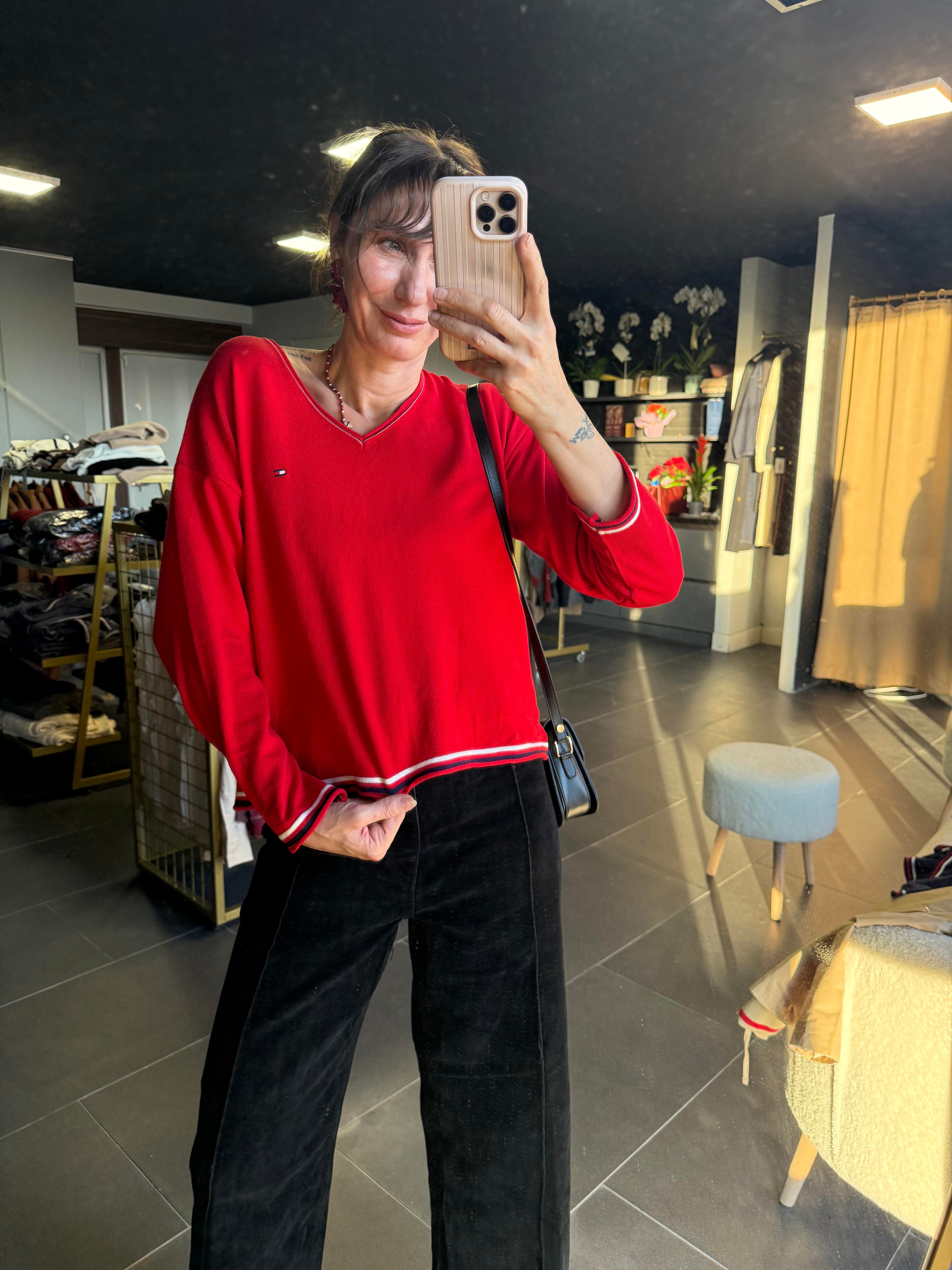 Kırmızı V Yaka Şeritli Th Triko