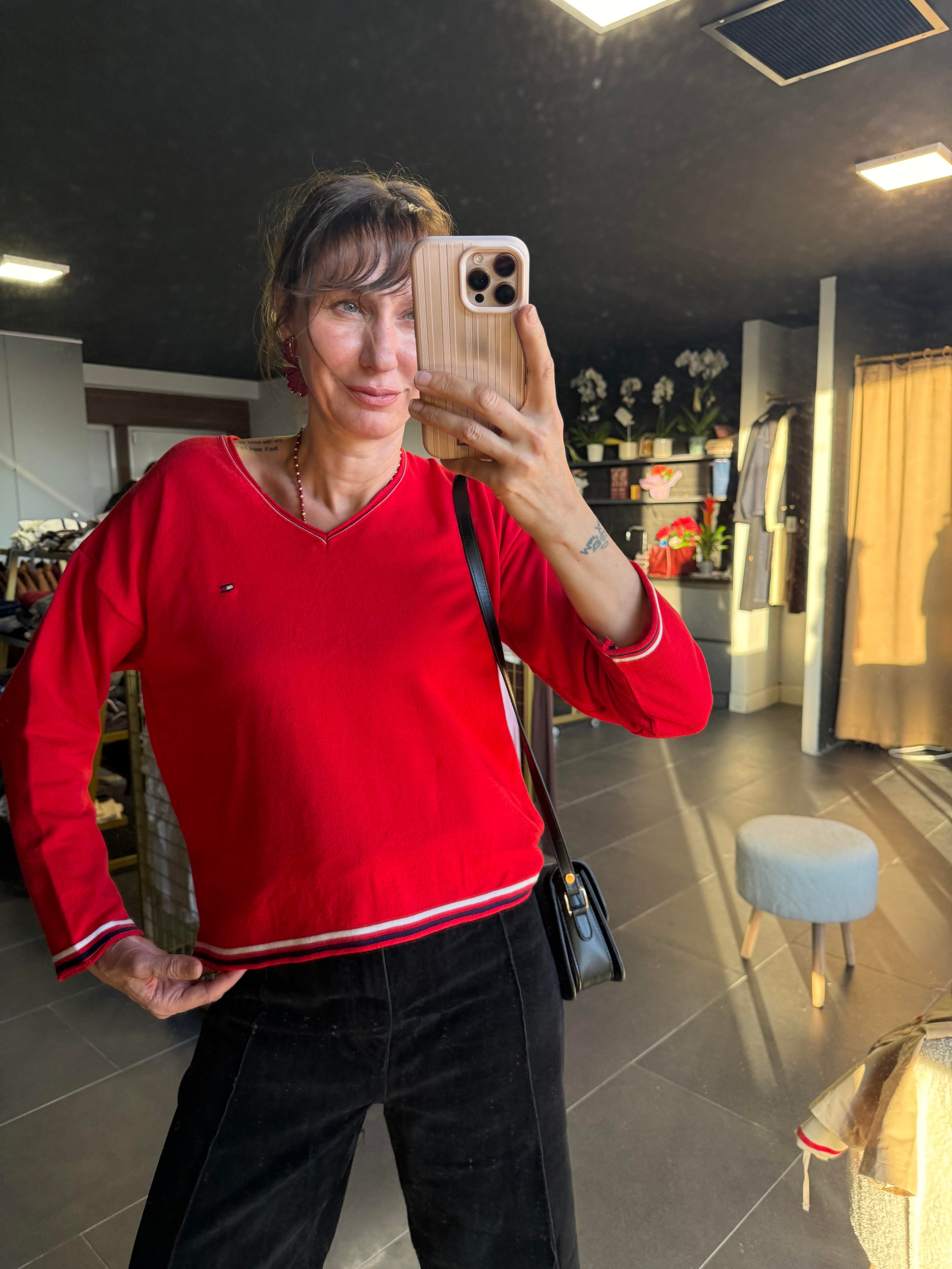 Kırmızı V Yaka Şeritli Th Triko