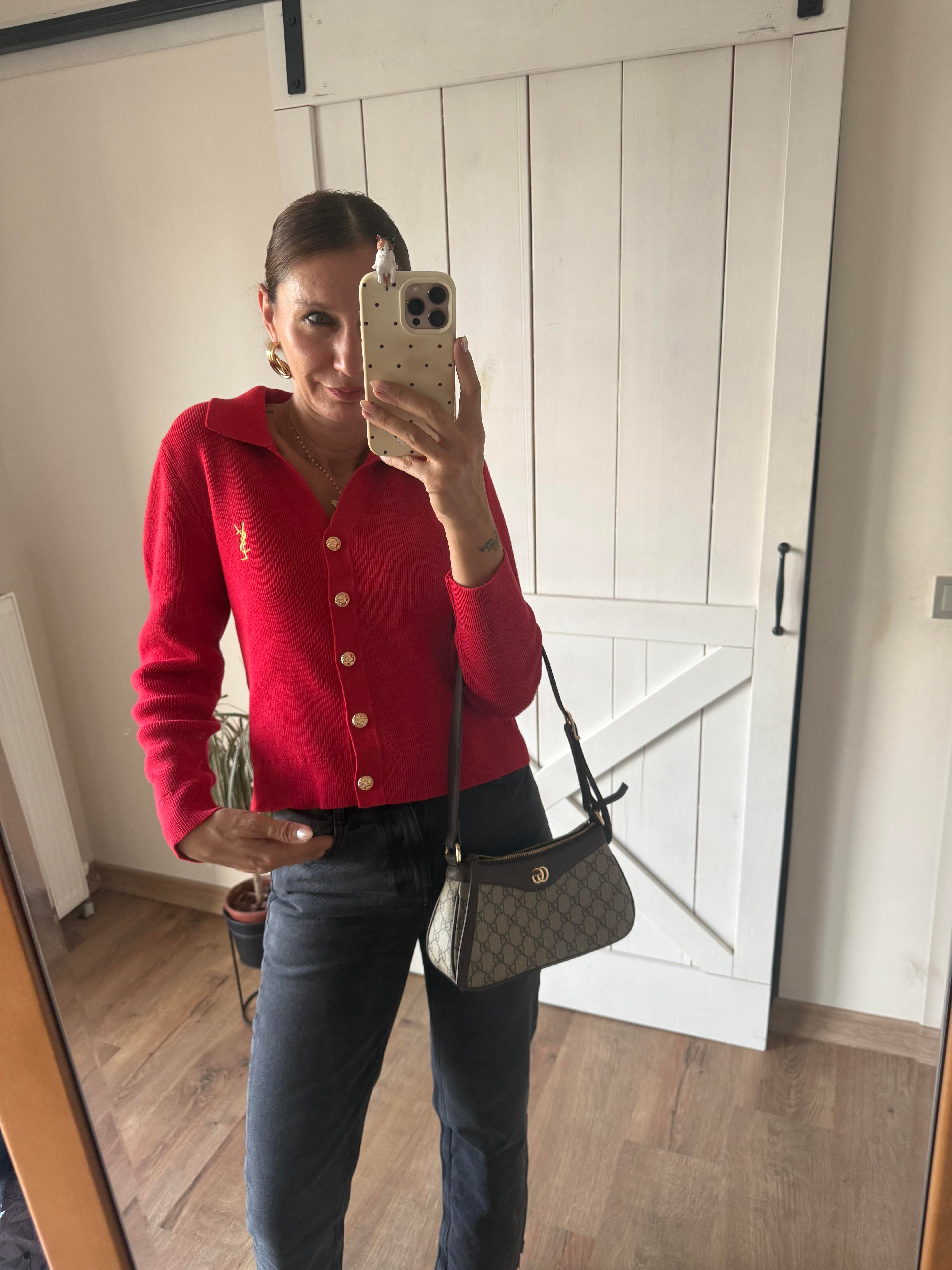 Kırmızı Ys Gold Düğme Detaylı Premium Hırka