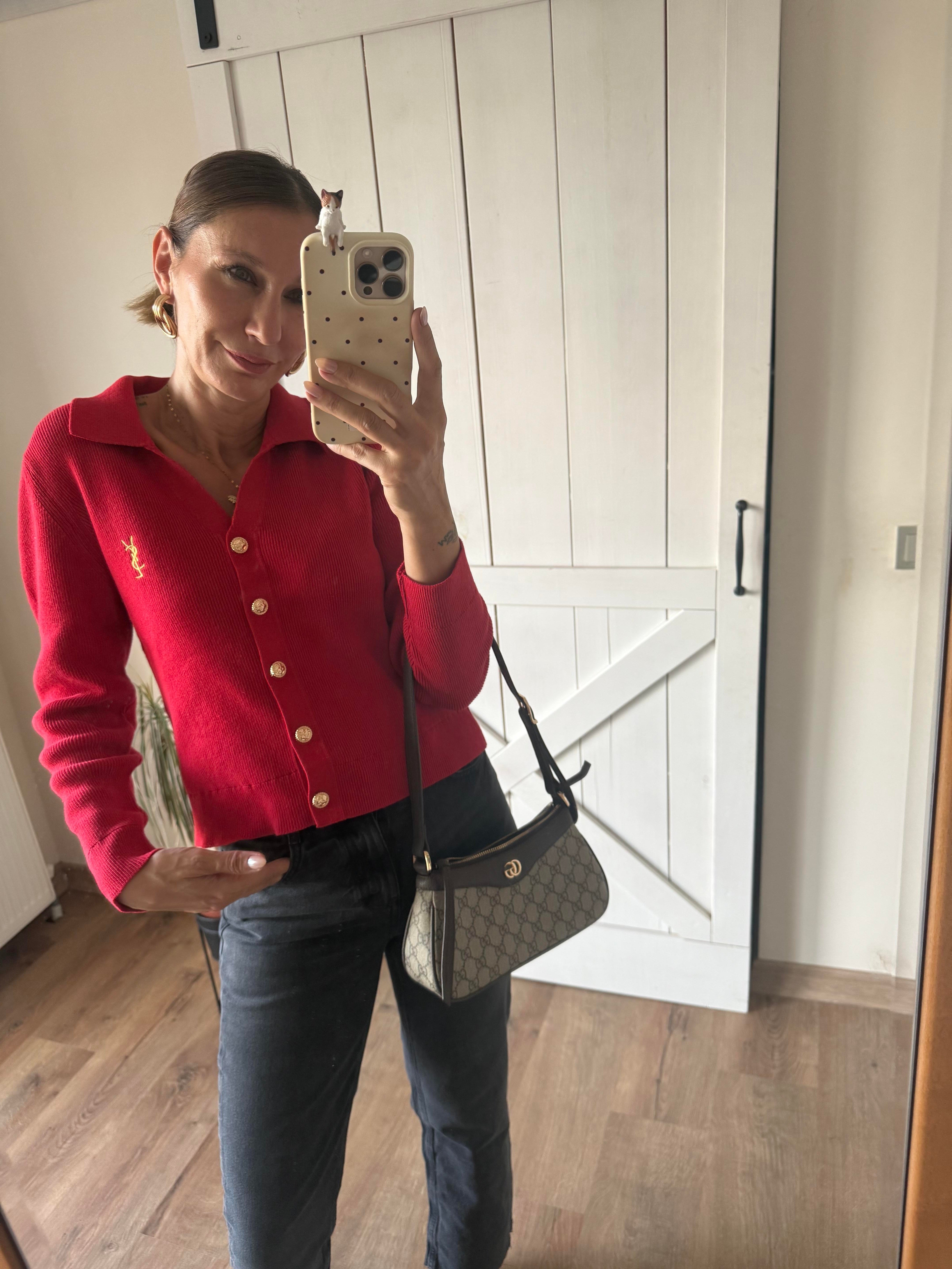 Kırmızı Ys Gold Düğme Detaylı Premium Hırka