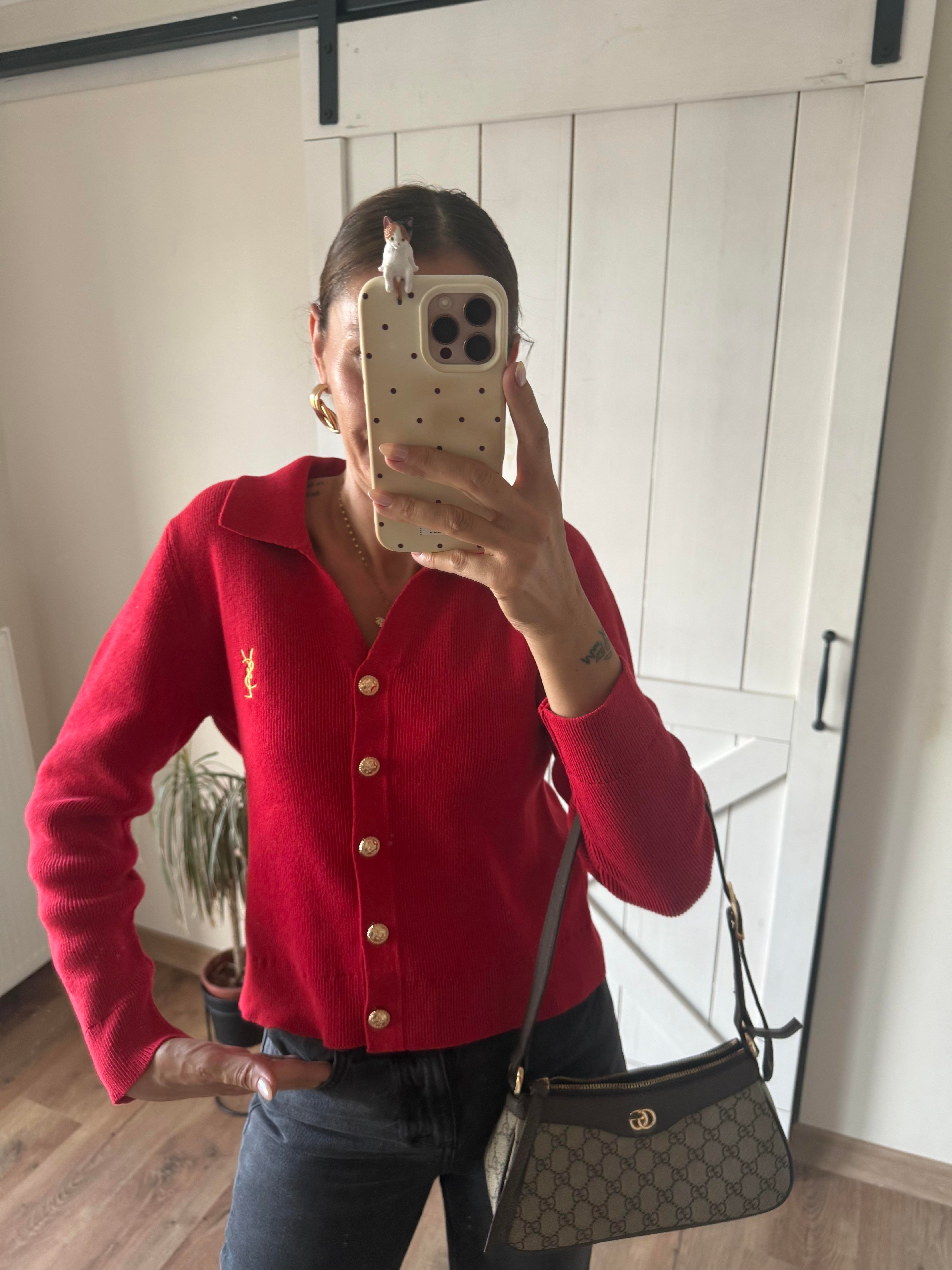 Kırmızı Ys Gold Düğme Detaylı Premium Hırka