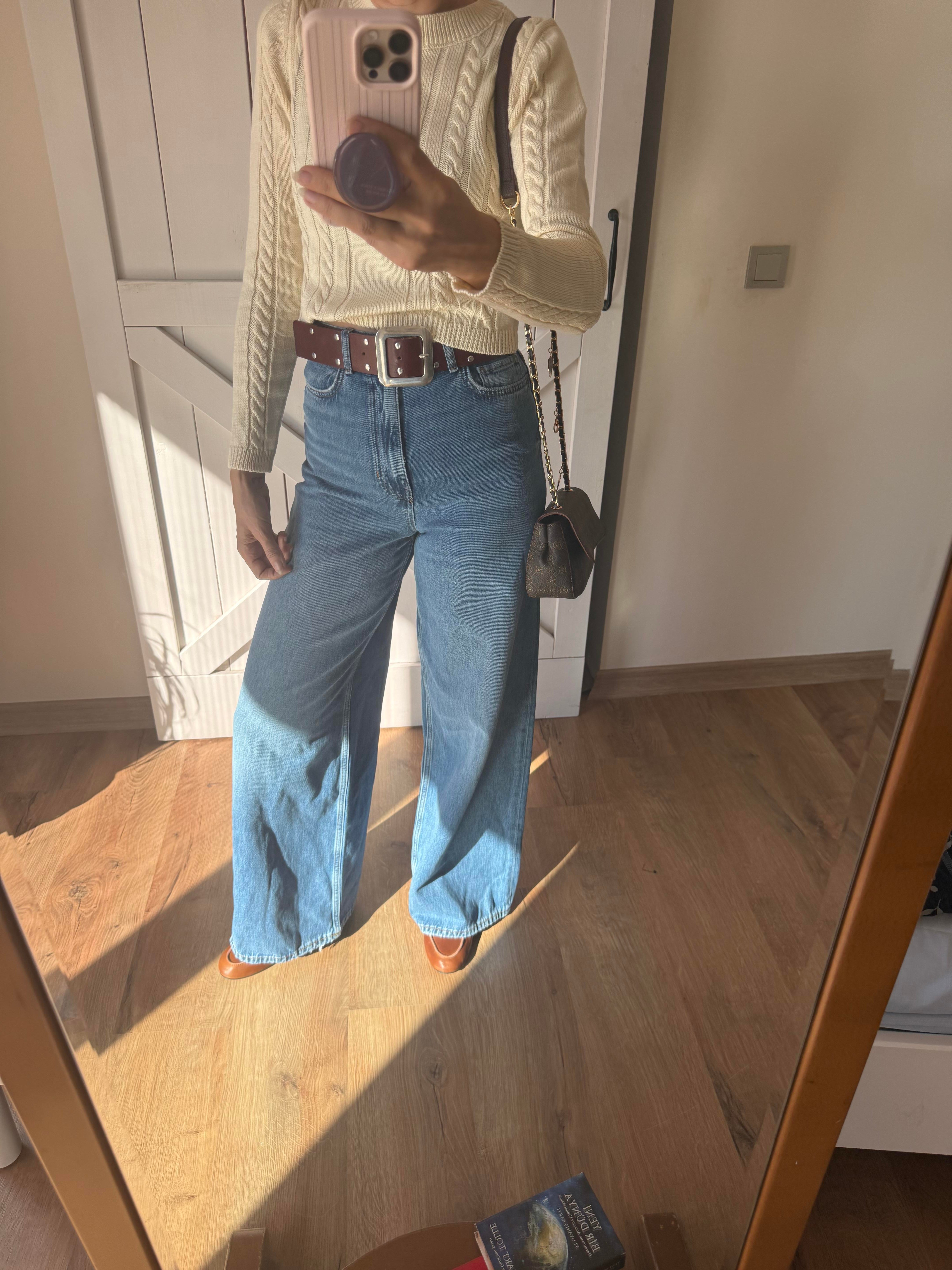 Klasik Jean Rengi YÜksek Bel Extra Bol Paça Denim Pantolon