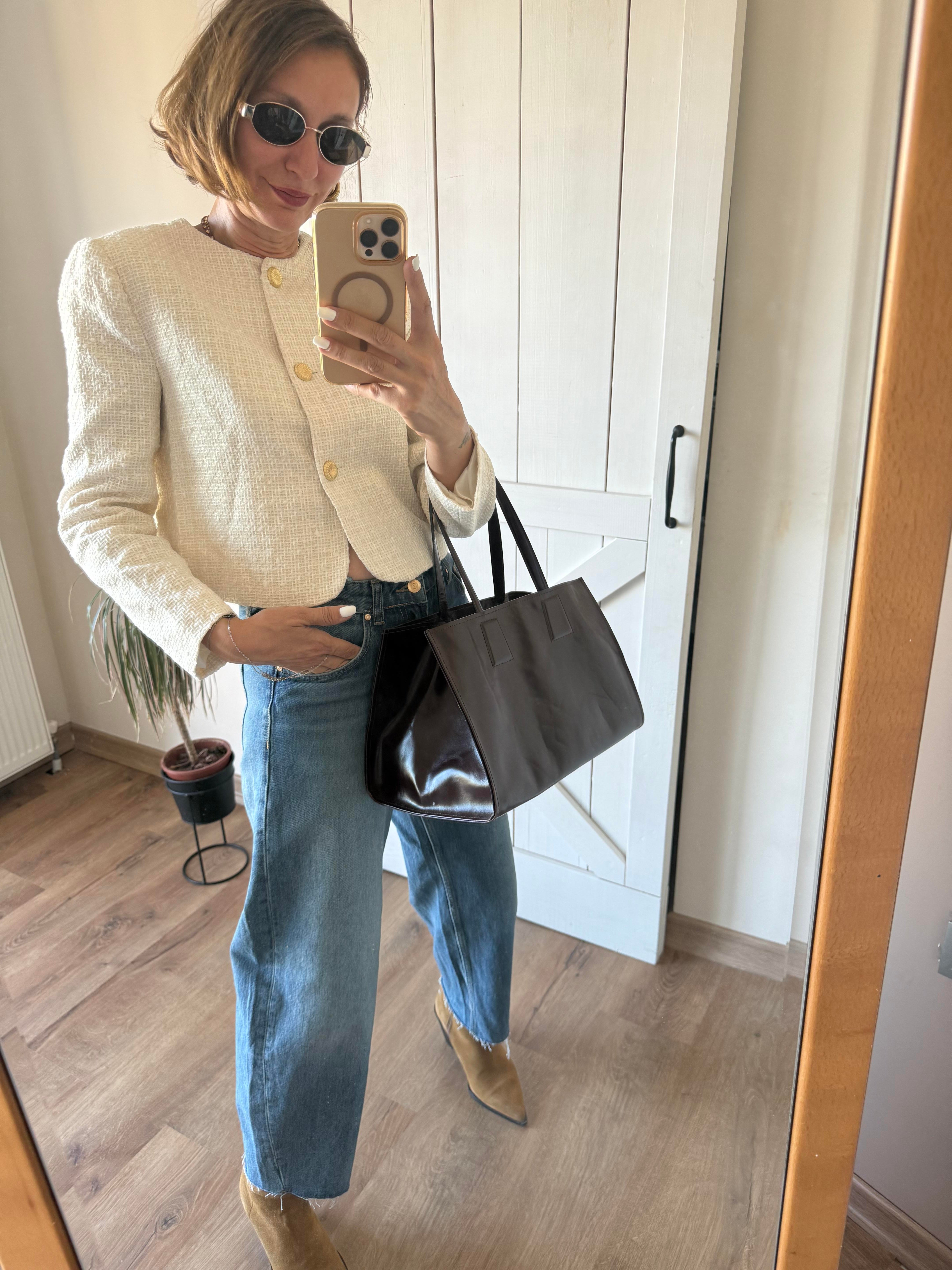 Klasik Jean Rengi Yüksek Bel Paçası Kesik Slouchy Jean Pantolon