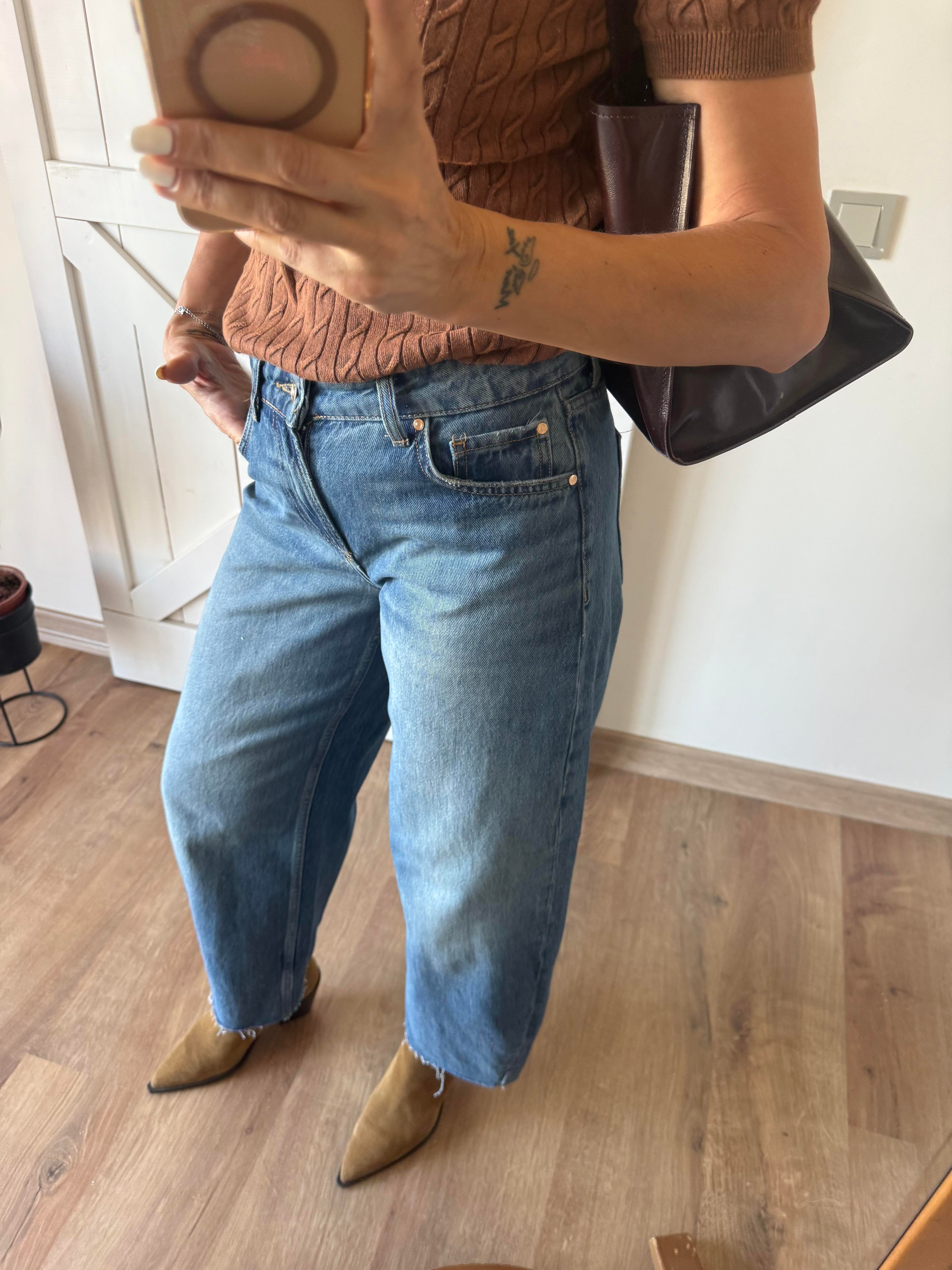 Klasik Jean Rengi Yüksek Bel Paçası Kesik Slouchy Jean Pantolon