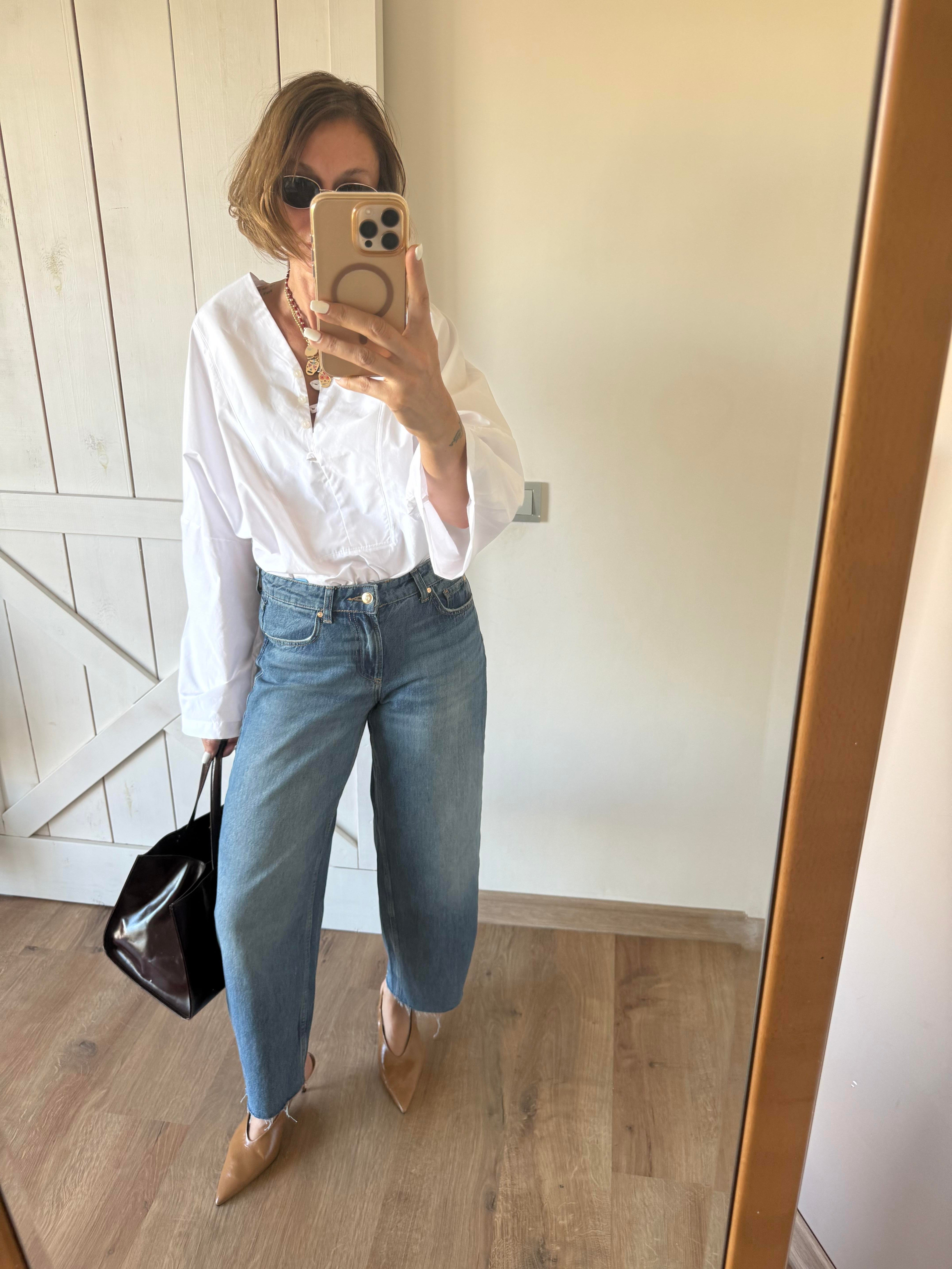 Klasik Jean Rengi Yüksek Bel Paçası Kesik Slouchy Jean Pantolon