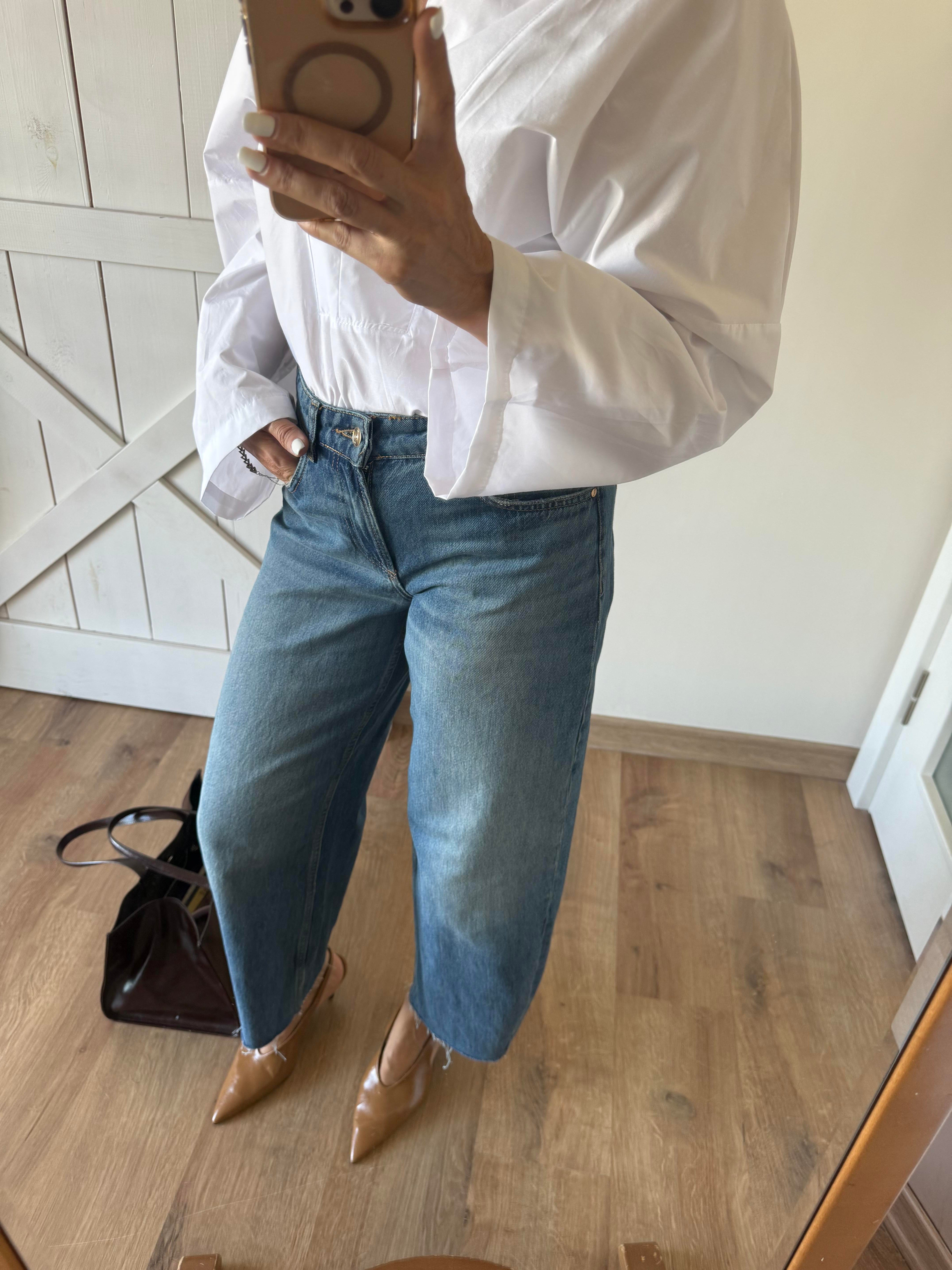 Klasik Jean Rengi Yüksek Bel Paçası Kesik Slouchy Jean Pantolon