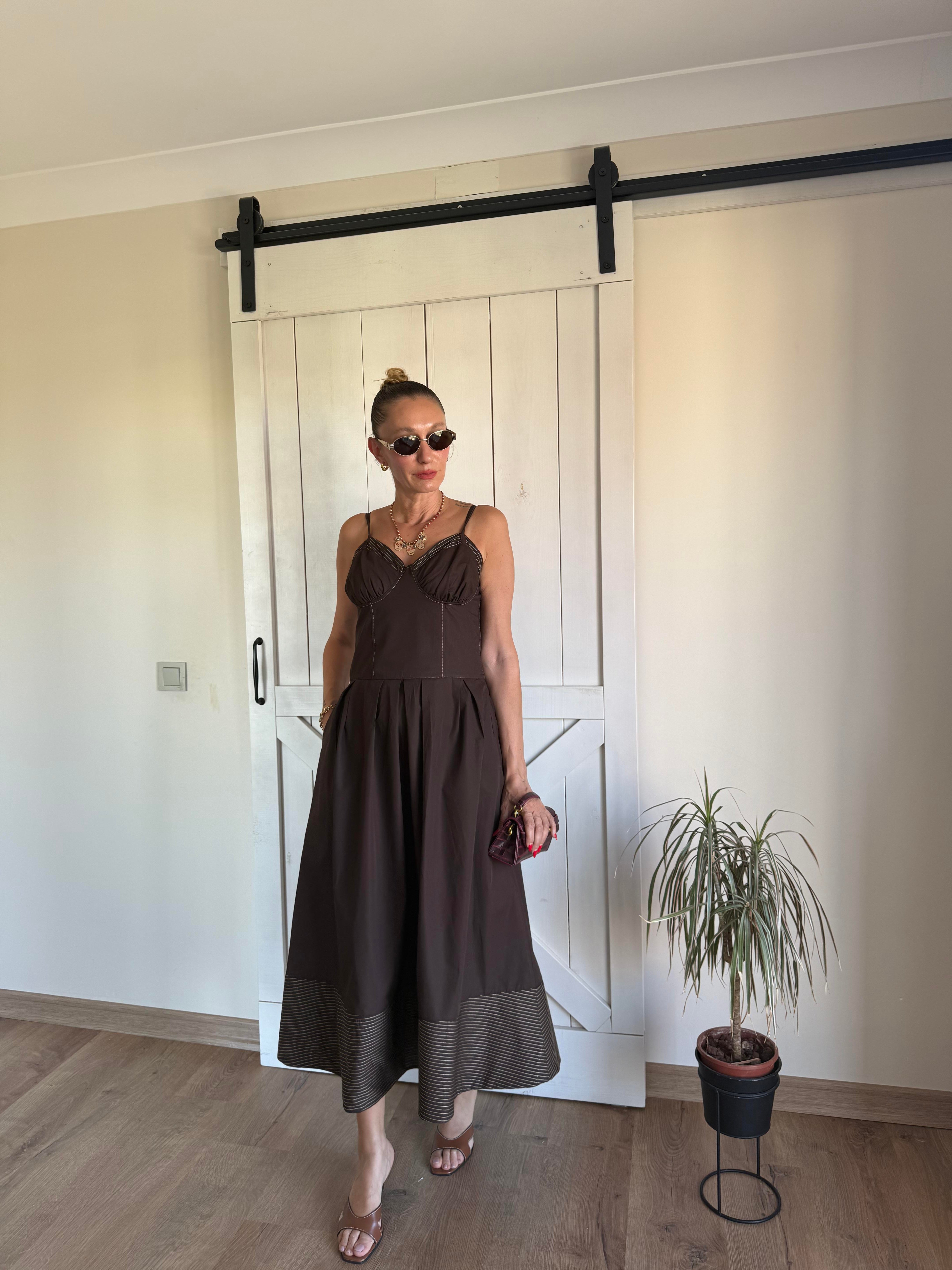 Kontrast Dikişli İp Askılı Elbise