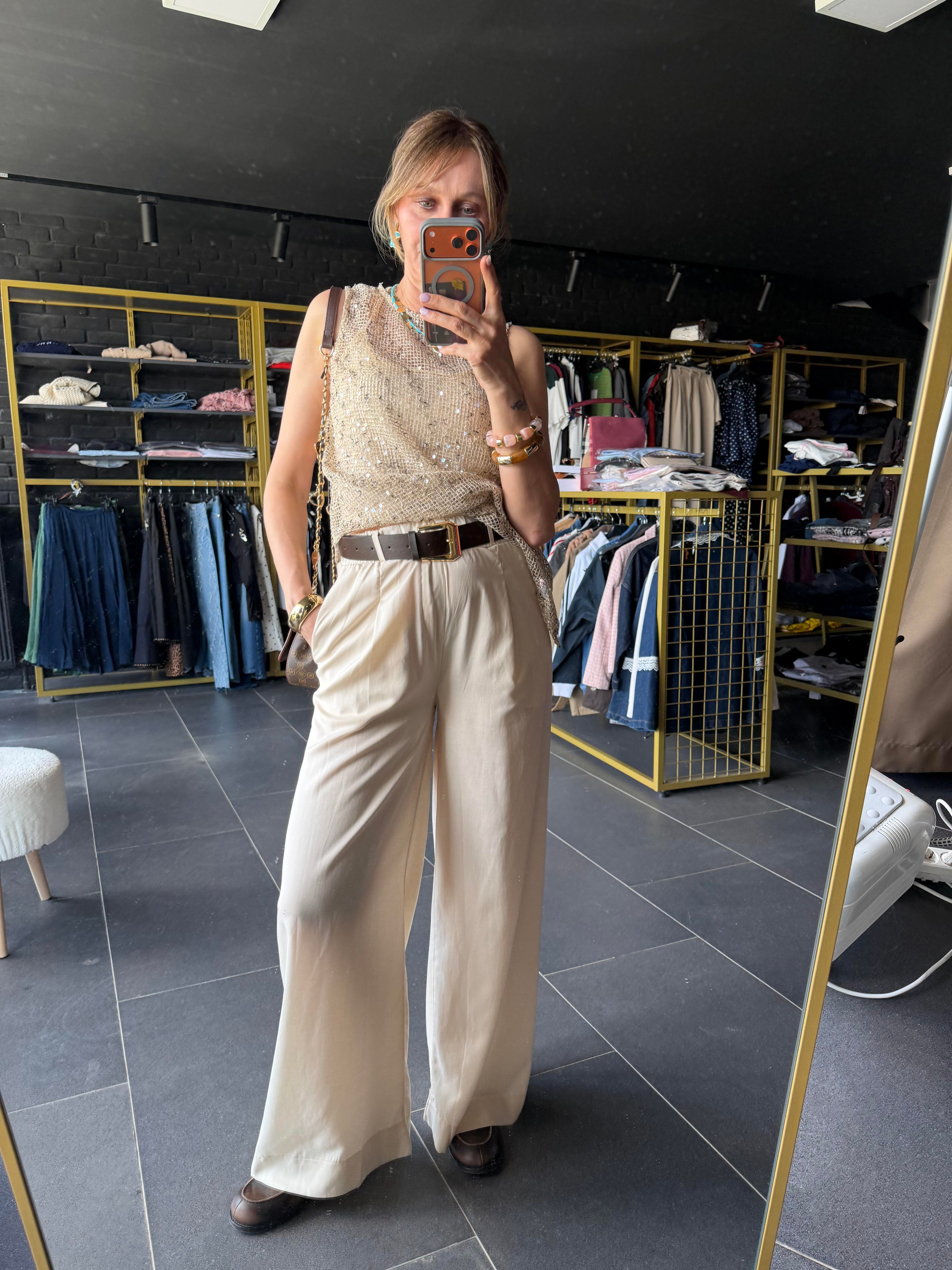 Kos Model Ekru Kemerli Pantolon