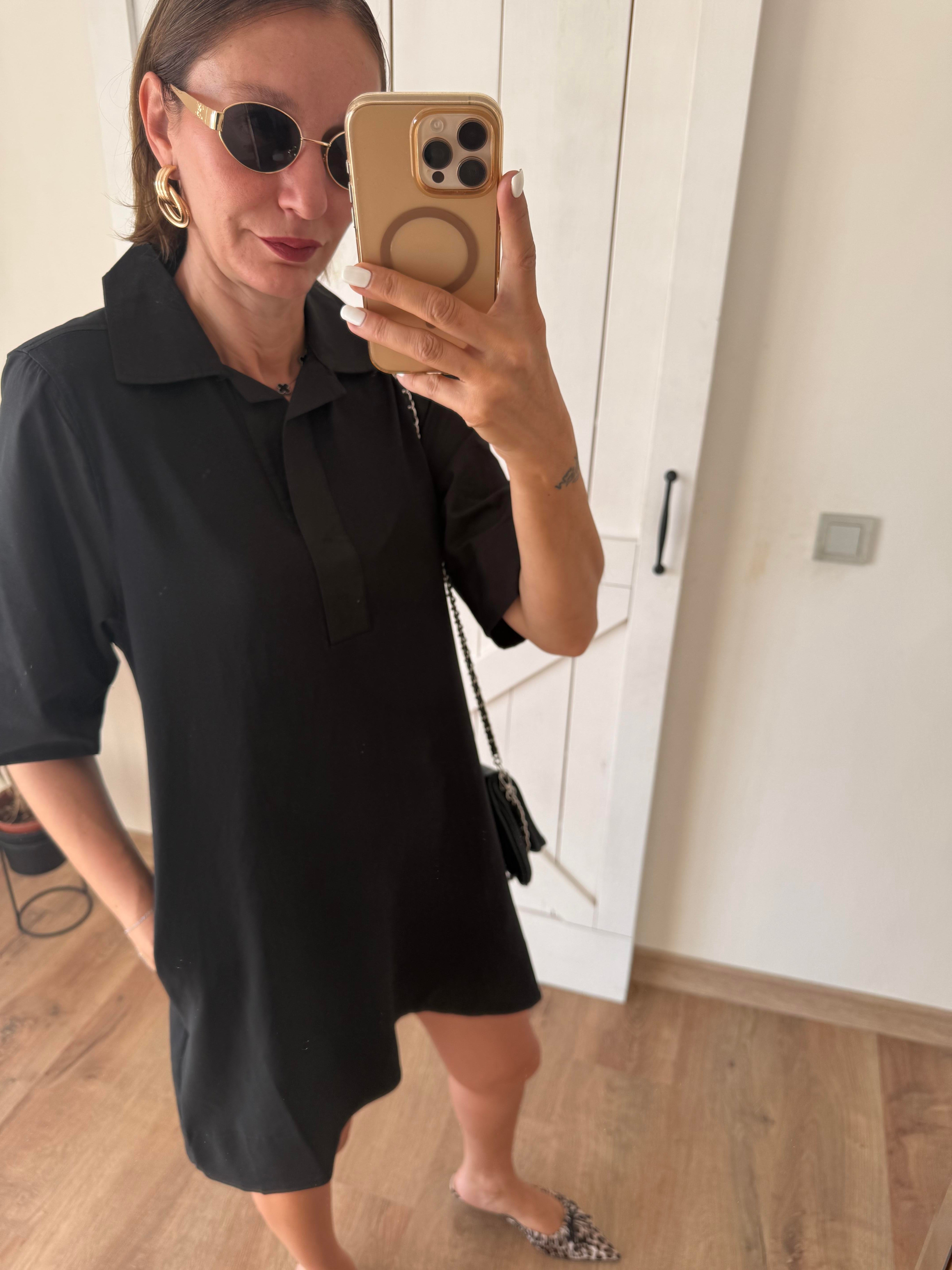 Kos Siyah Polo Yaka Rahat Kesim Elbise