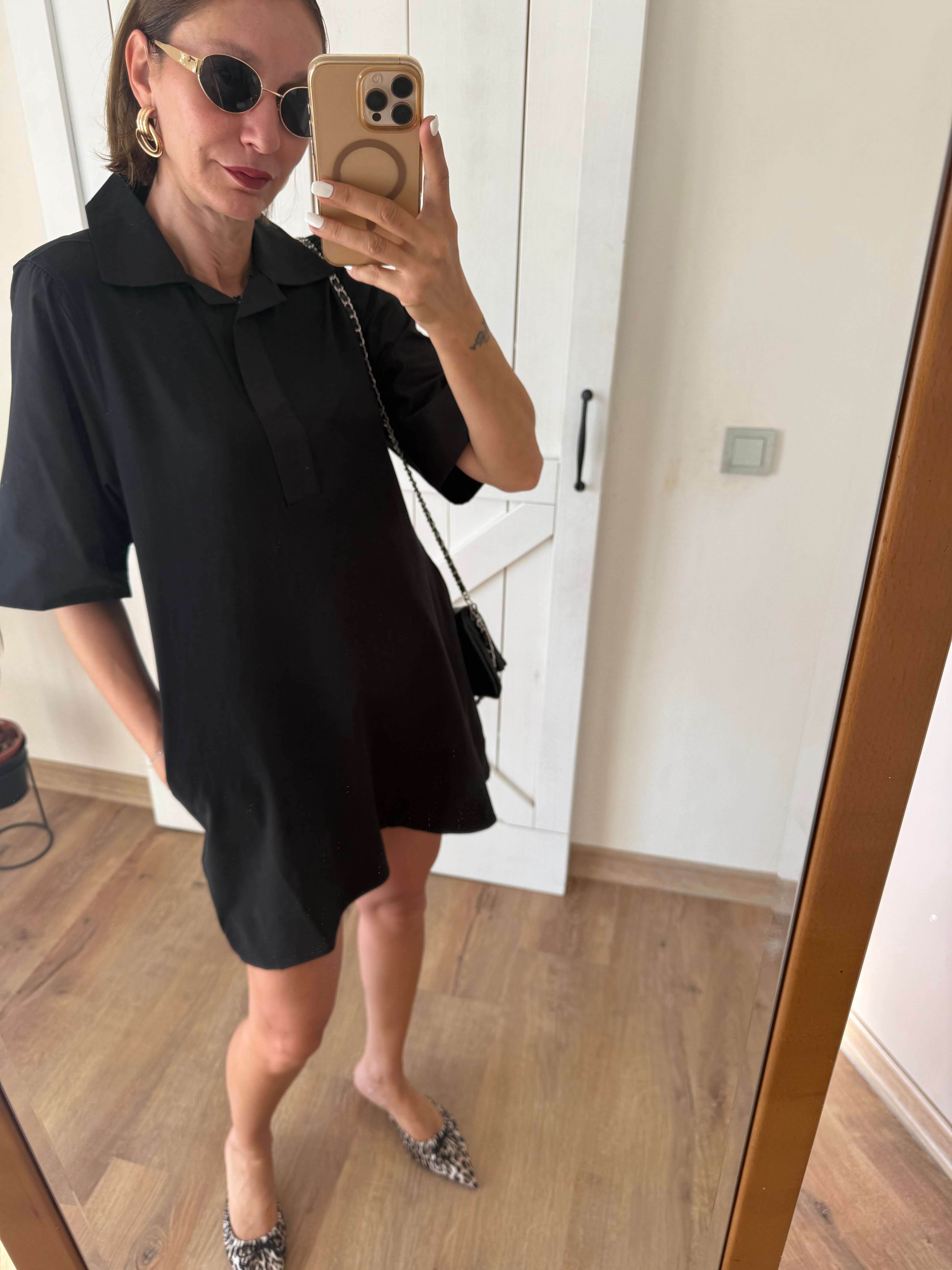 Kos Siyah Polo Yaka Rahat Kesim Elbise