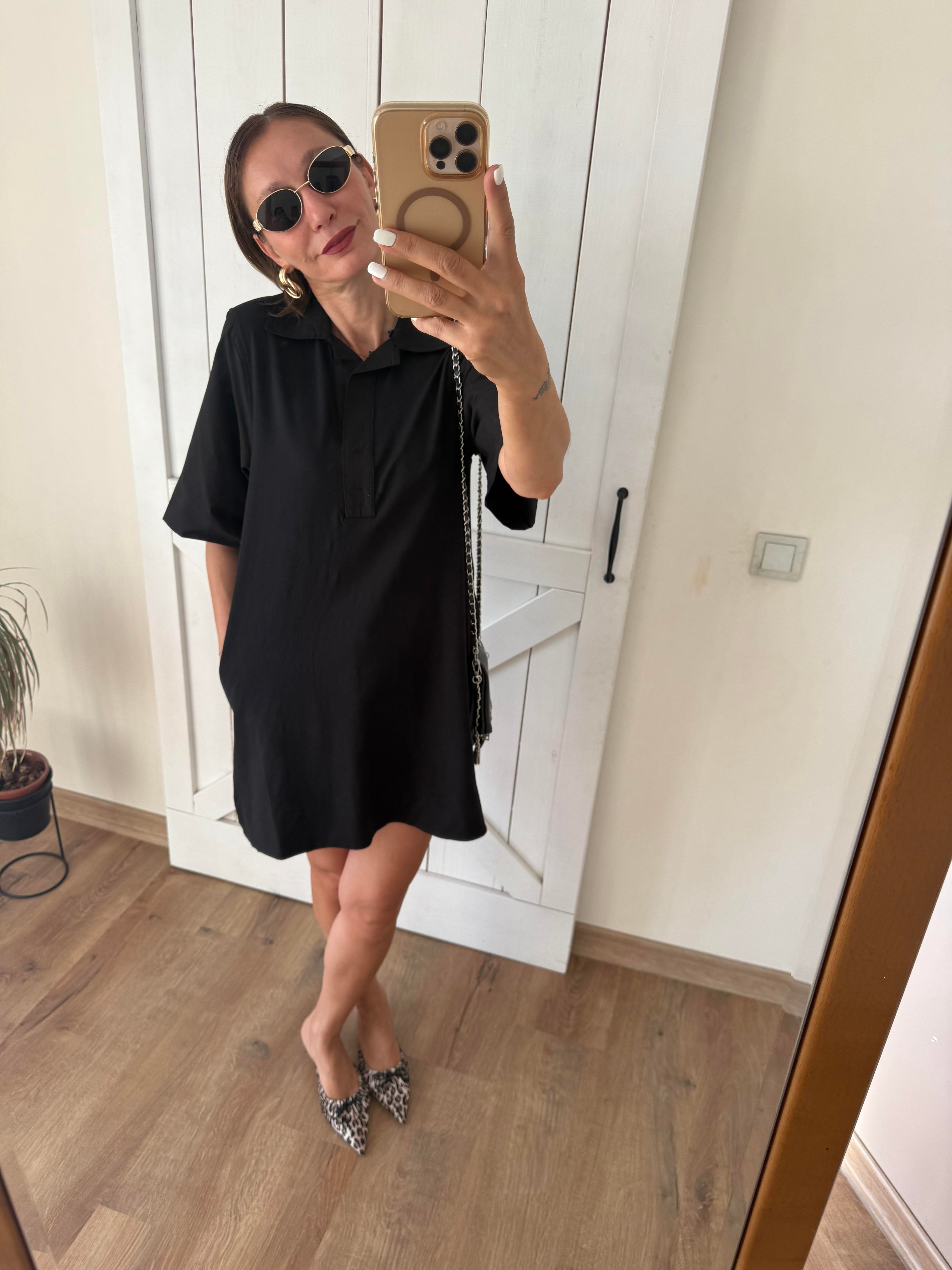 Kos Siyah Polo Yaka Rahat Kesim Elbise