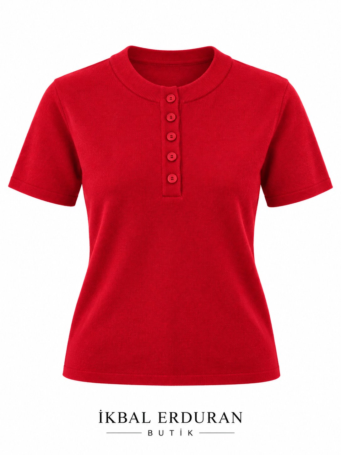 Kos Yarım Düğmeli Kırmızı Triko Tshirt