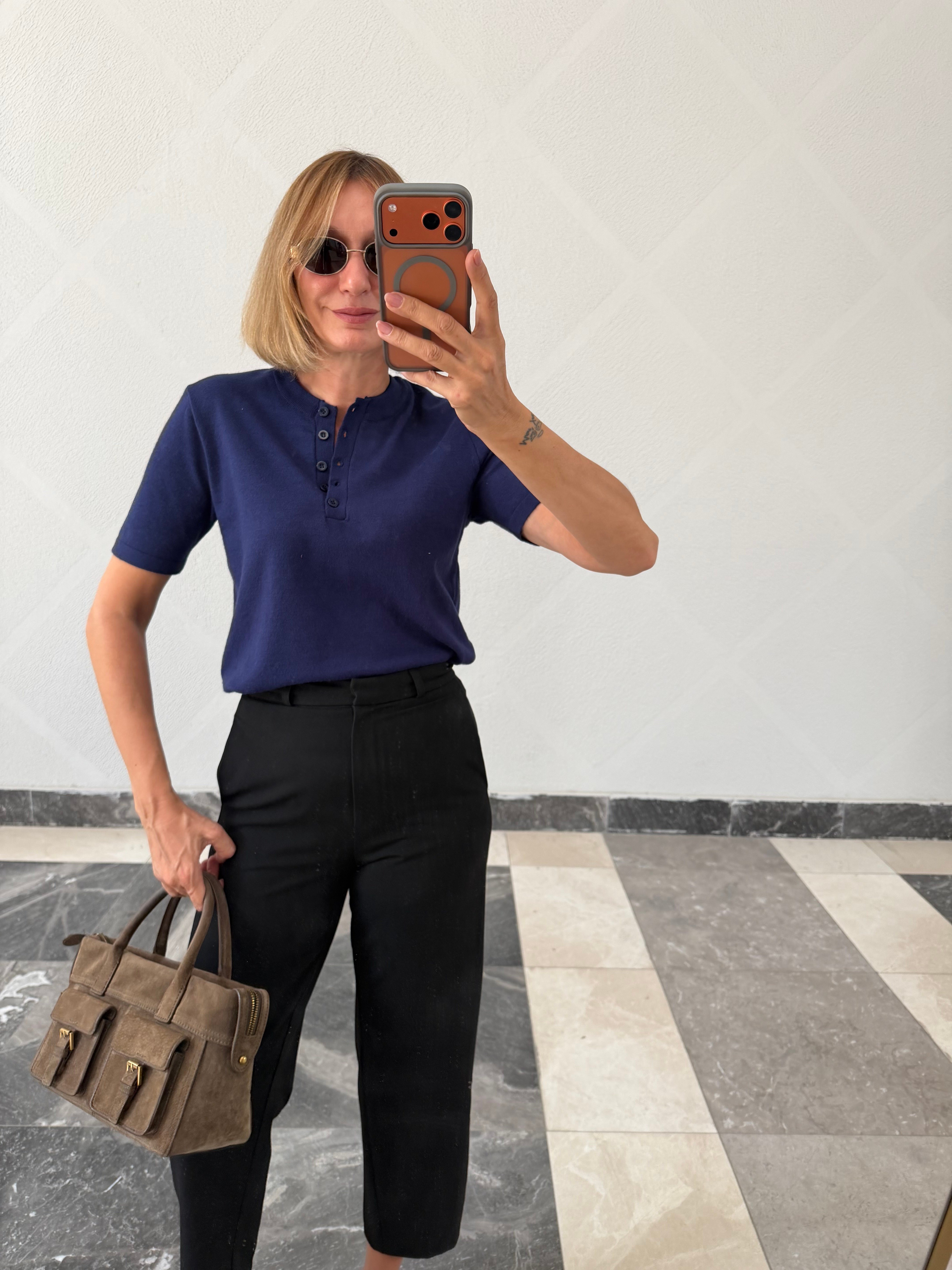 Kos Yarım Düğmeli Lacivert Triko Tshirt
