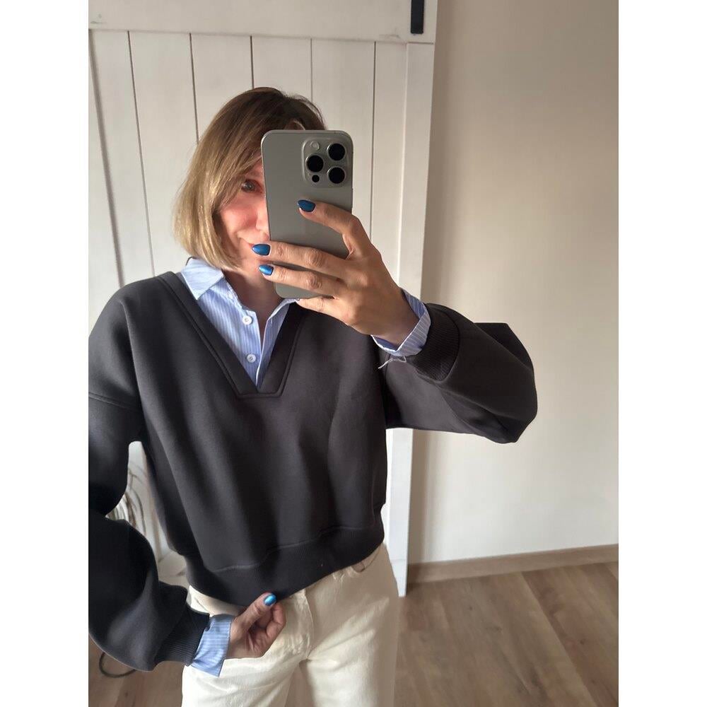 Koyu Gri Gömlek Detaylı Kadın Sweatshirt