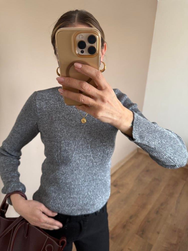 Koyu Gri Simli Triko Kumaş Body