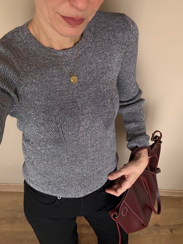 Koyu Gri Simli Triko Kumaş Body