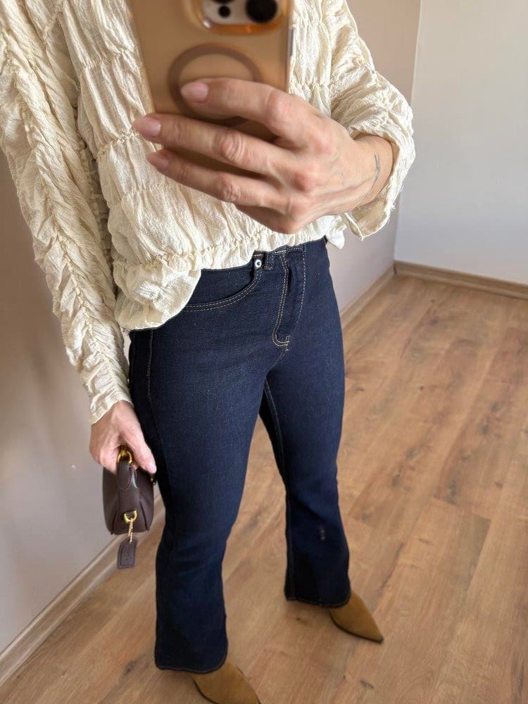 Koyu Lacivert Hafif İspanyol Paça Detaylı Jean Pantolon