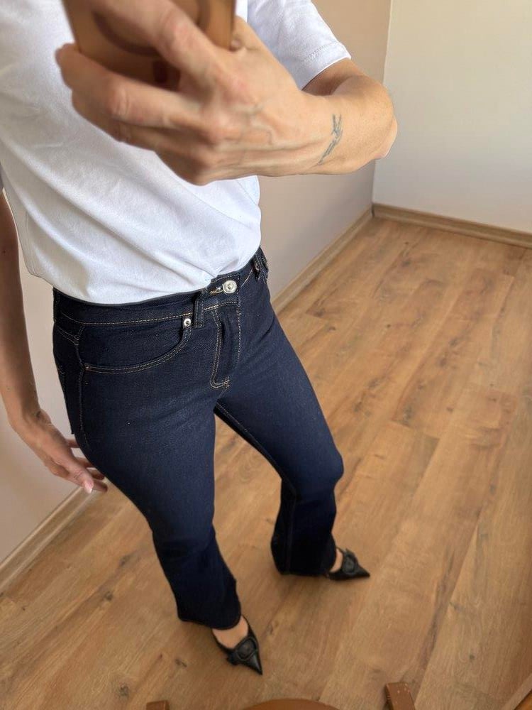 Koyu Lacivert Hafif İspanyol Paça Detaylı Jean Pantolon