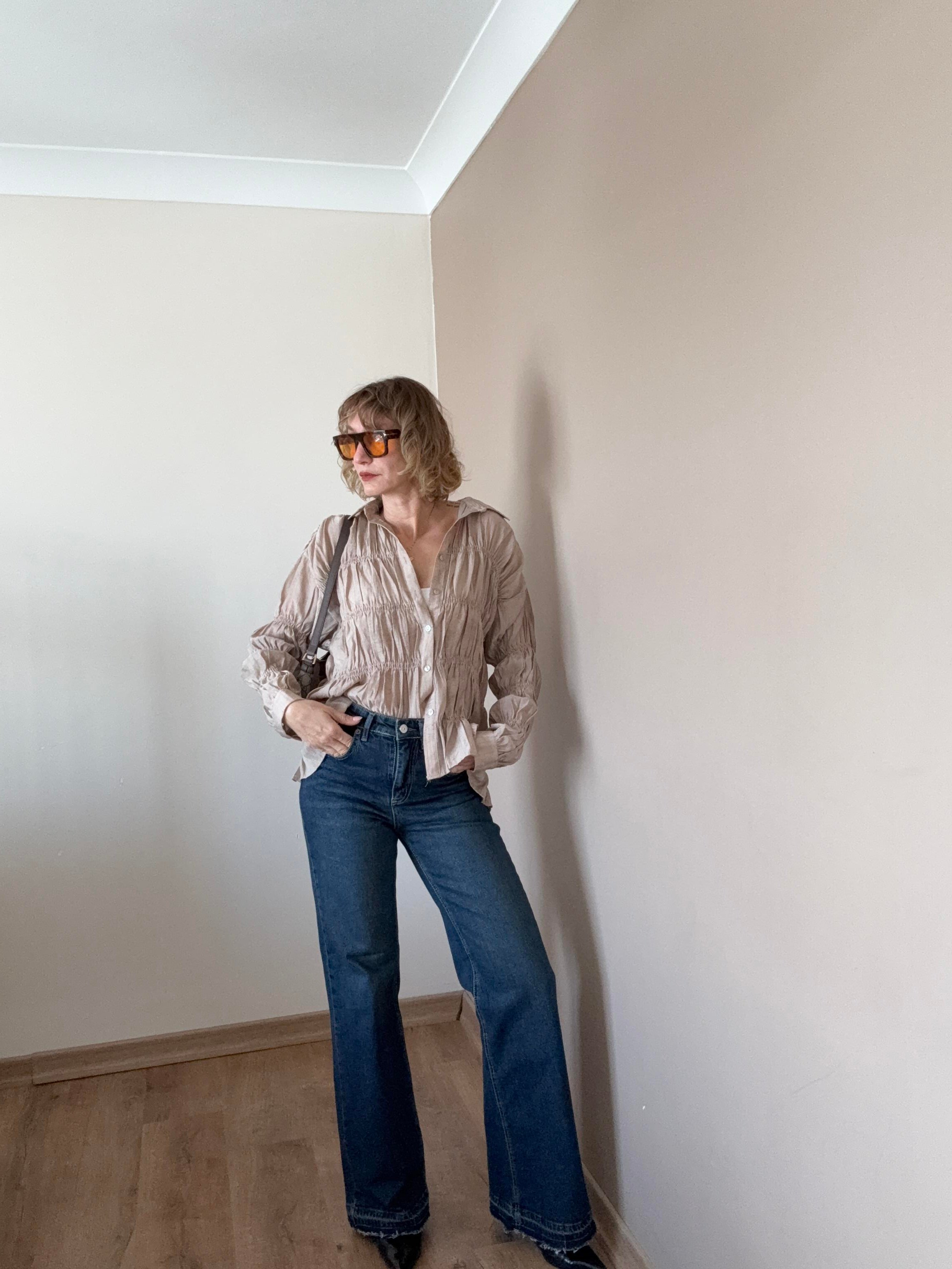 Koyu Mavi Paça Detaylı Wide Leg Jean