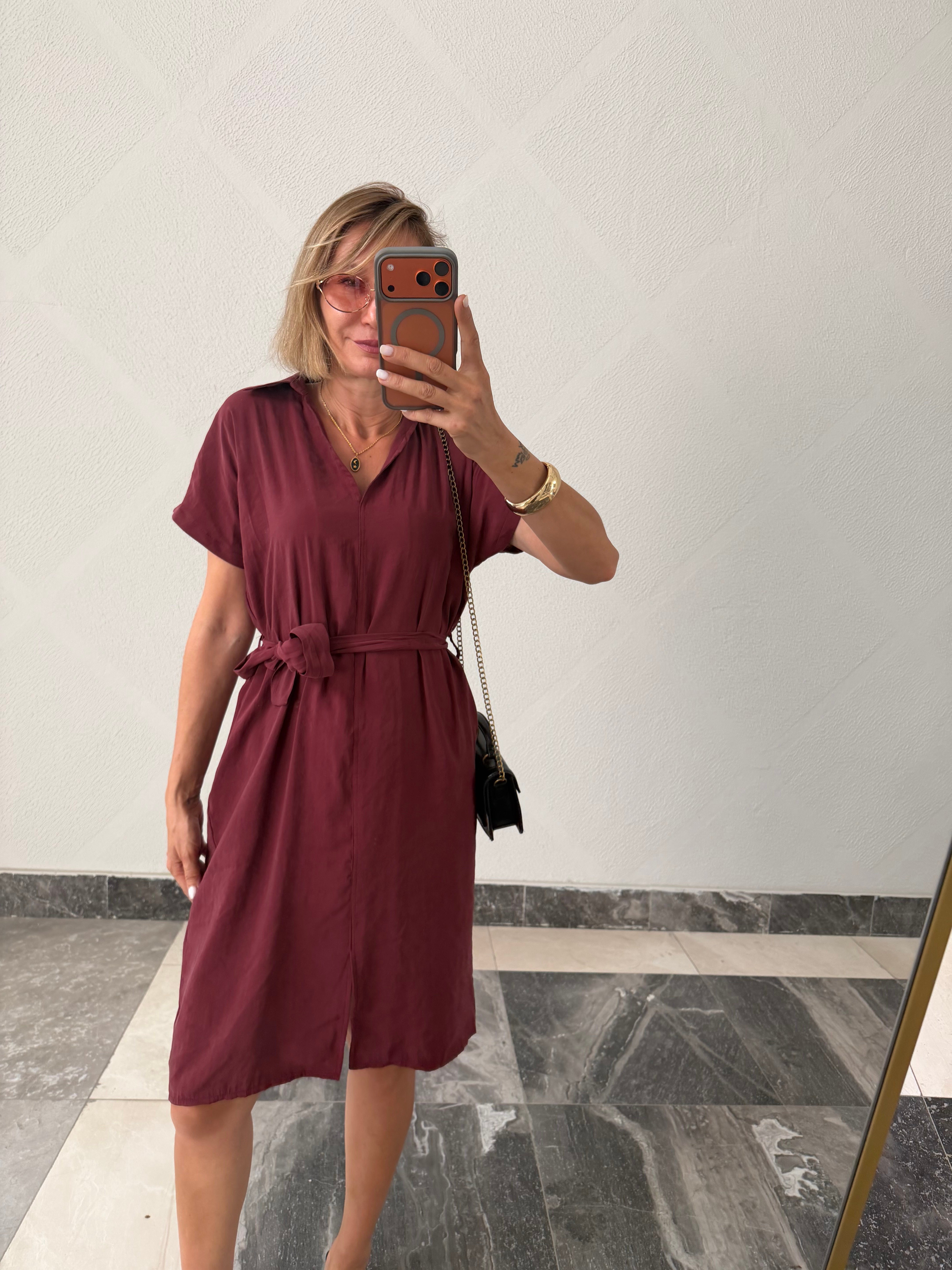 Kulüp Kuşaklı Bordo Elbise 