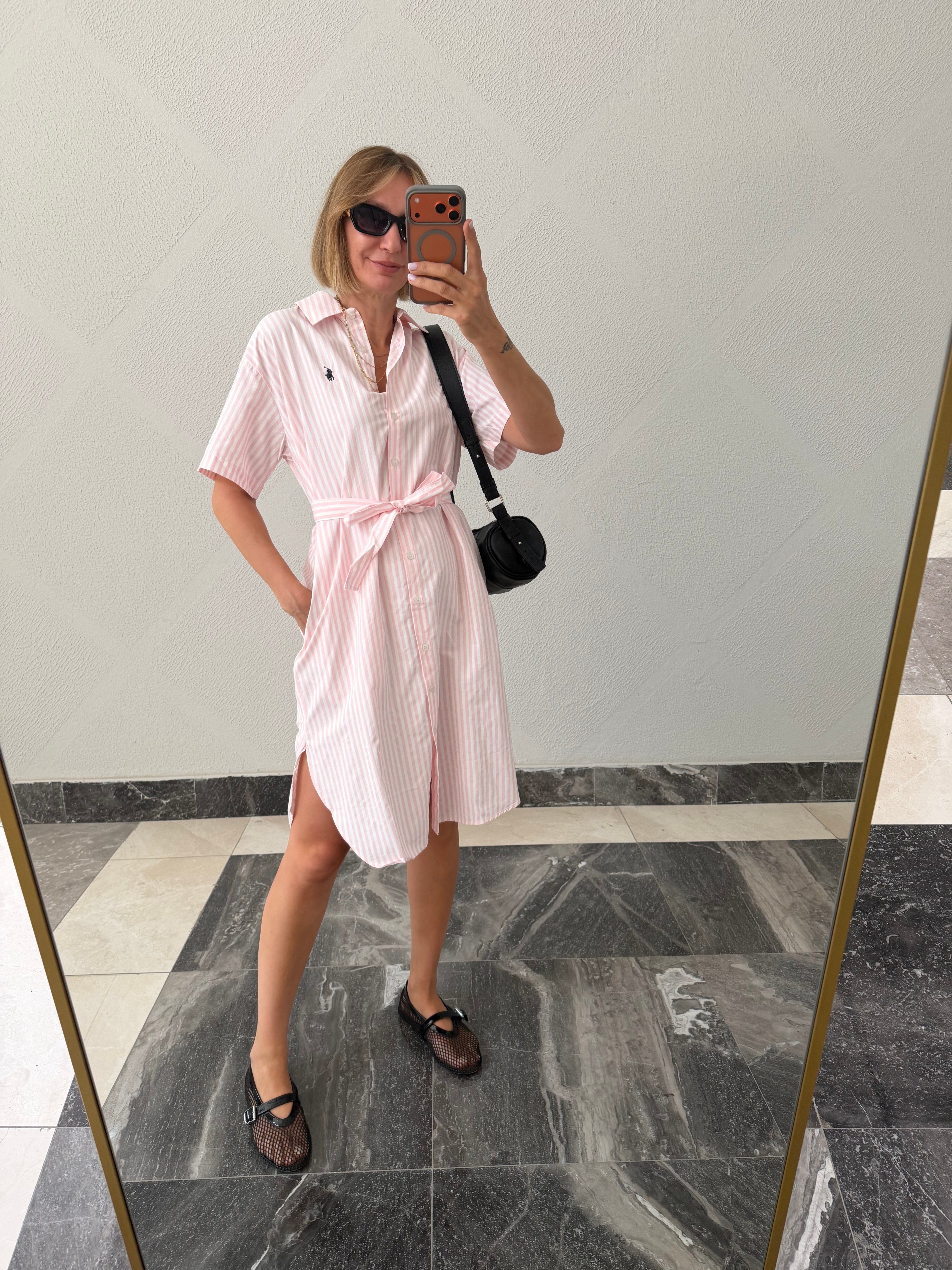Kulüp Toz Pembe Çizgili Gömlek Elbise