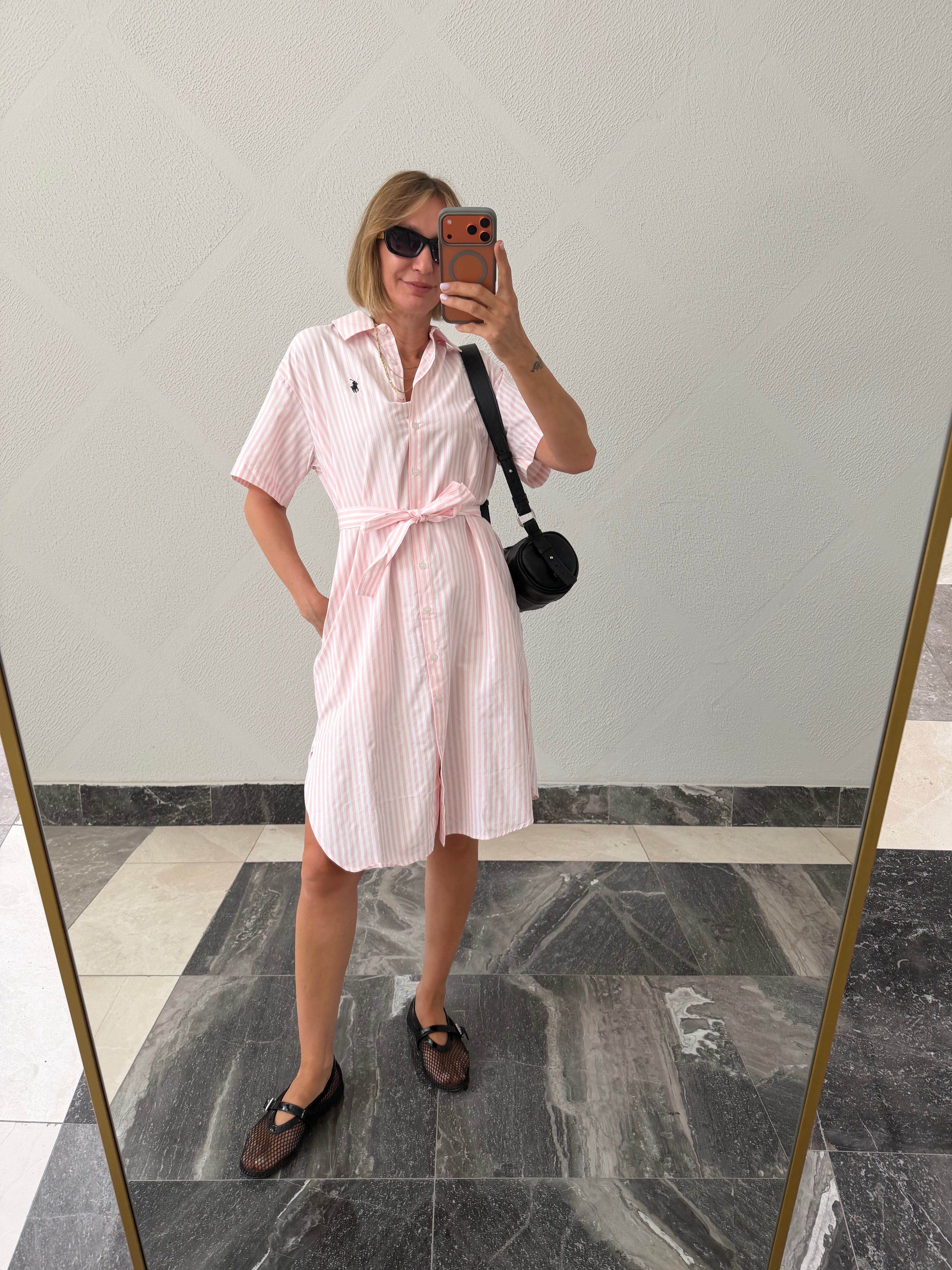 Kulüp Toz Pembe Çizgili Gömlek Elbise
