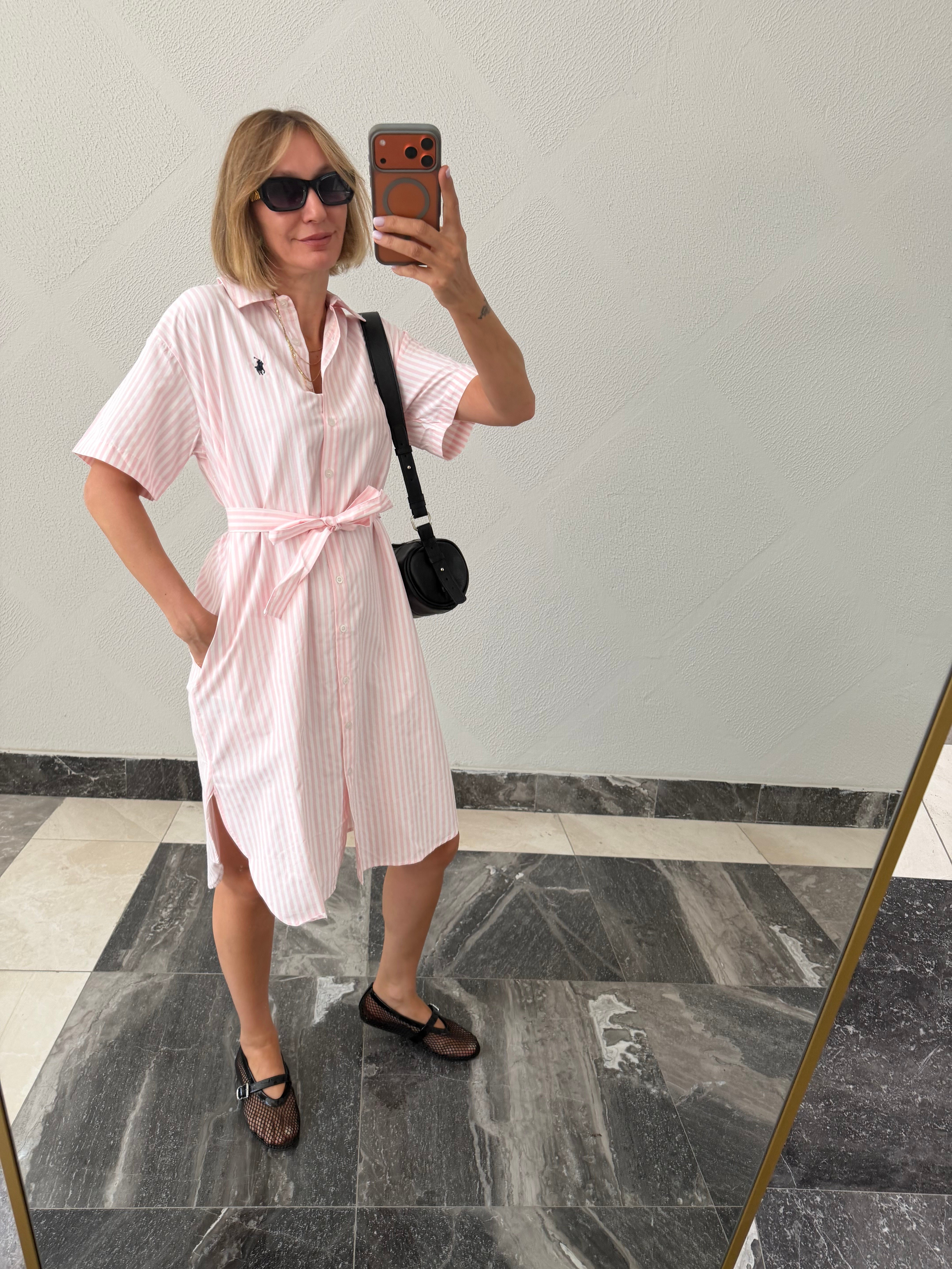 Kulüp Toz Pembe Çizgili Gömlek Elbise