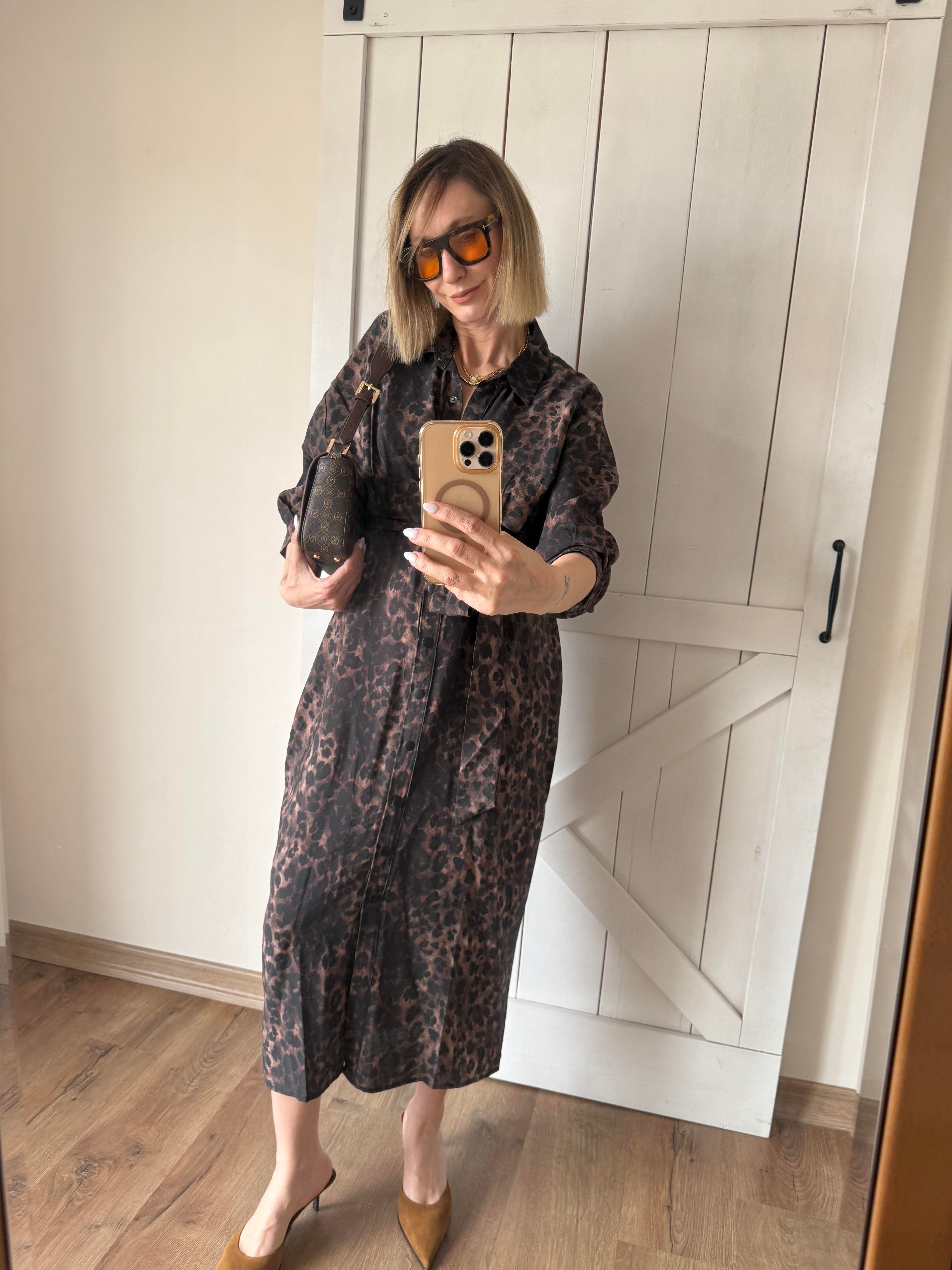 Kuşaklı Leopar Gömlek Elbise