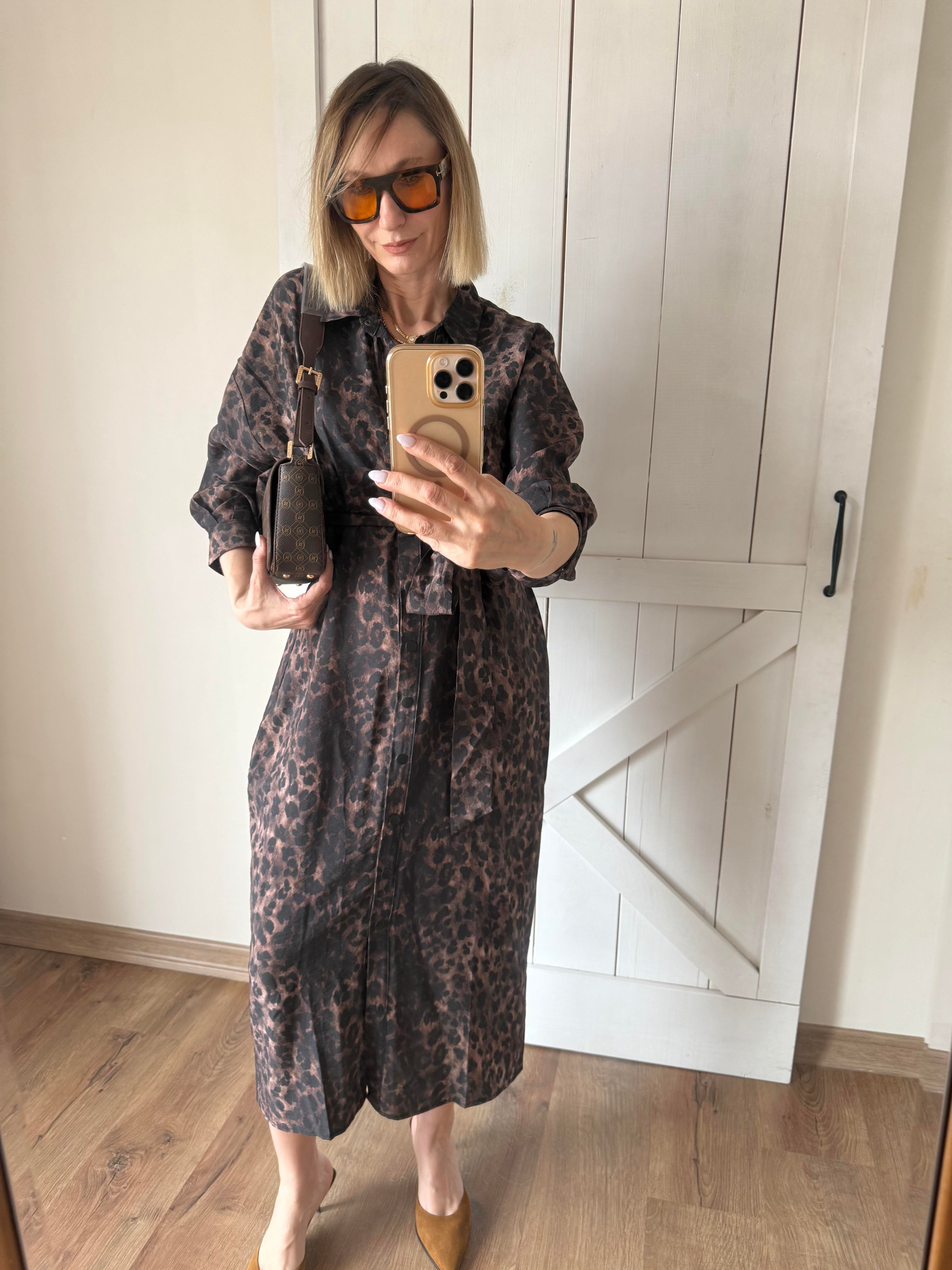 Kuşaklı Leopar Gömlek Elbise