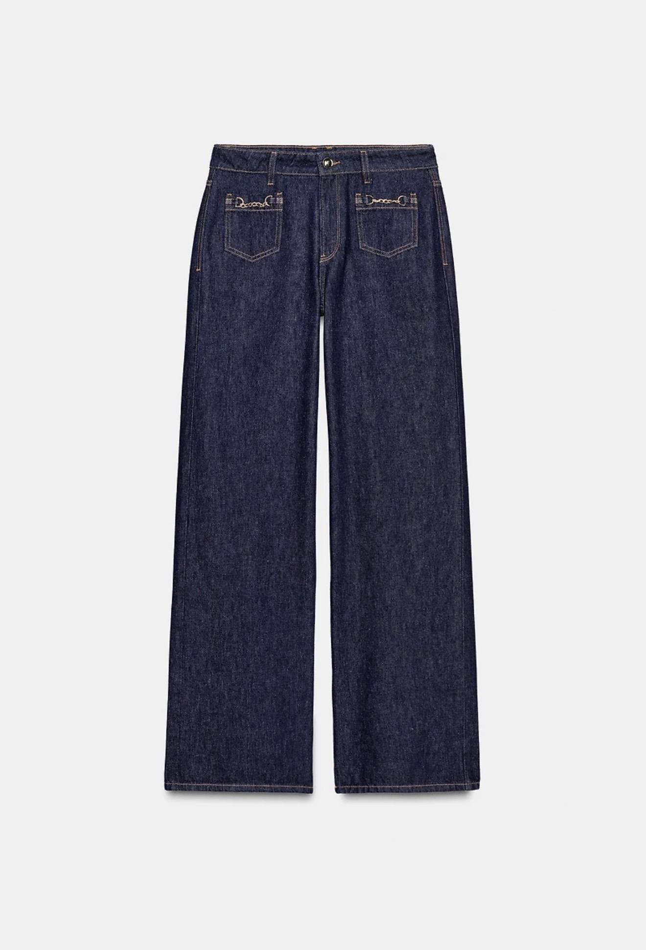 Lacivert Cepleri Zincir Detaylı Zr Palazzo Jean Pantolon