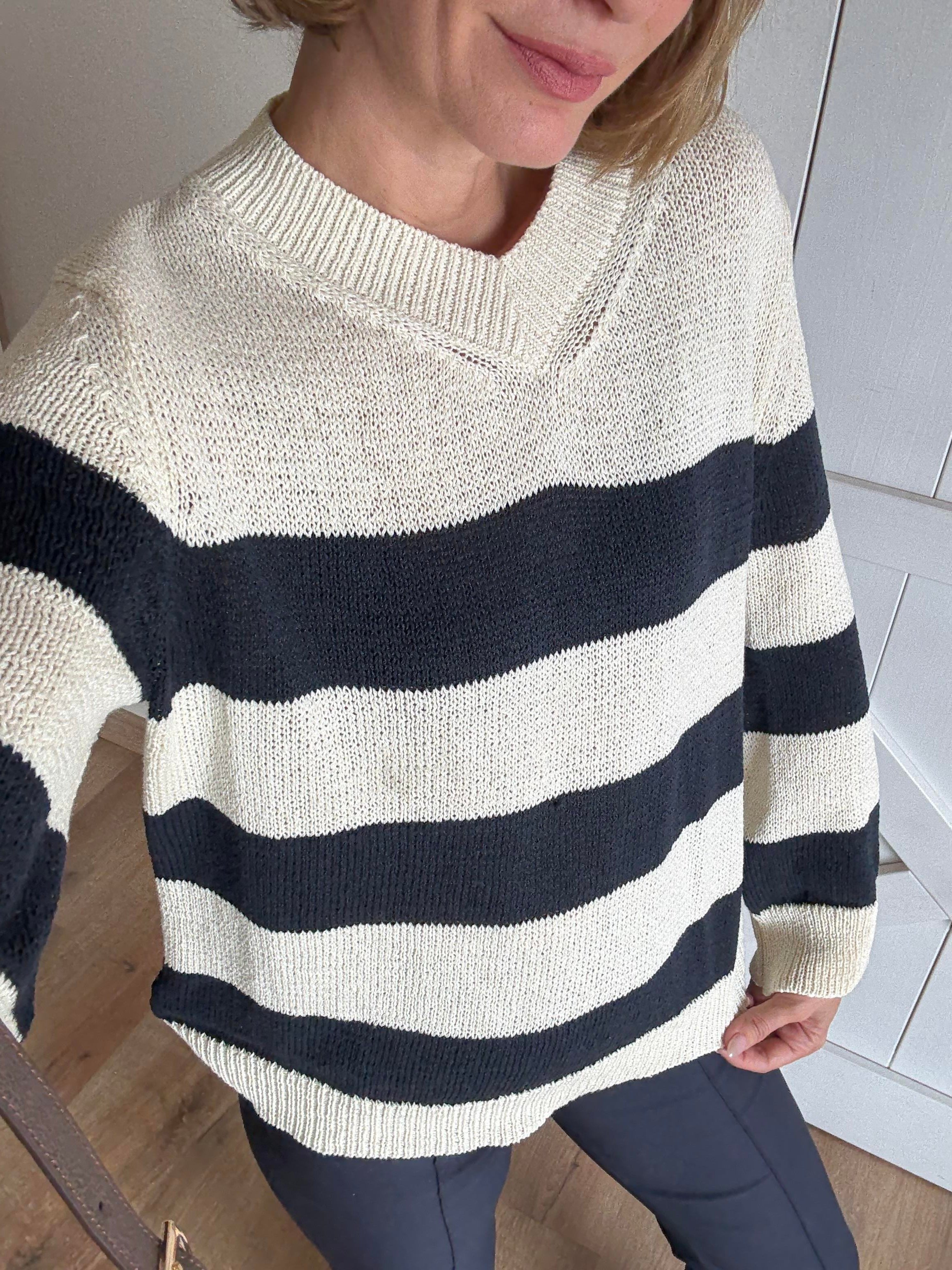 Lacivert Çizgili Merserize V Yaka Massi Triko