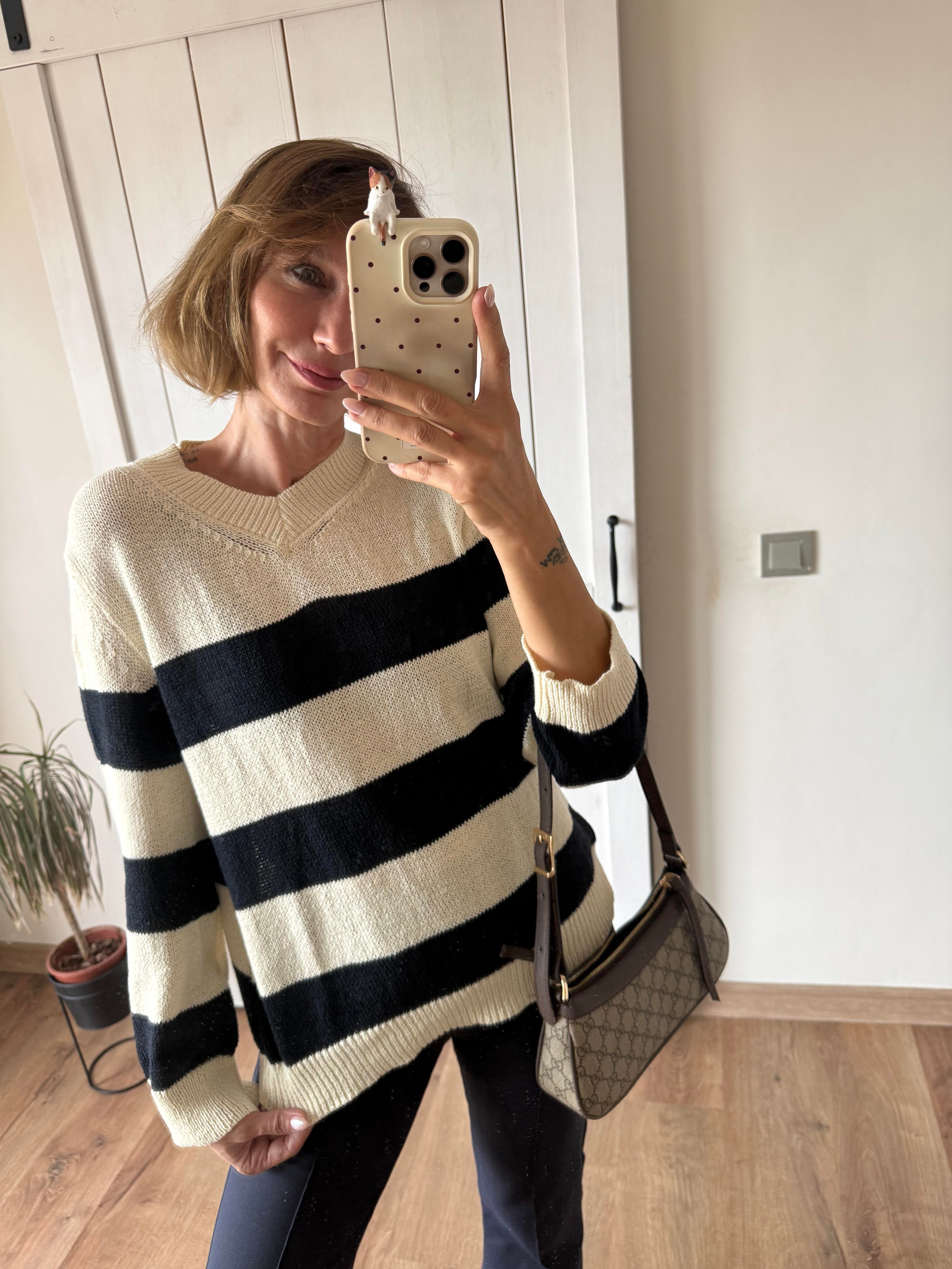 Lacivert Çizgili Merserize V Yaka Massi Triko